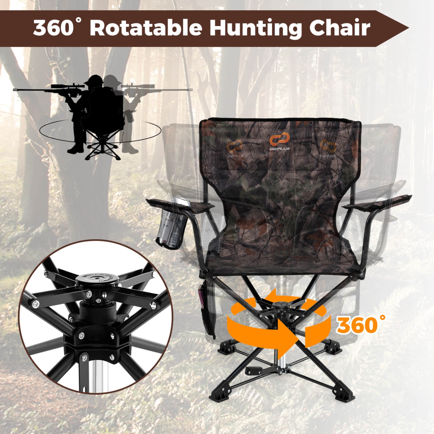 Goplus 360° Swivel Hunting Chair with Mesh Cup Holder & Storage Pockets Cozy Backrest