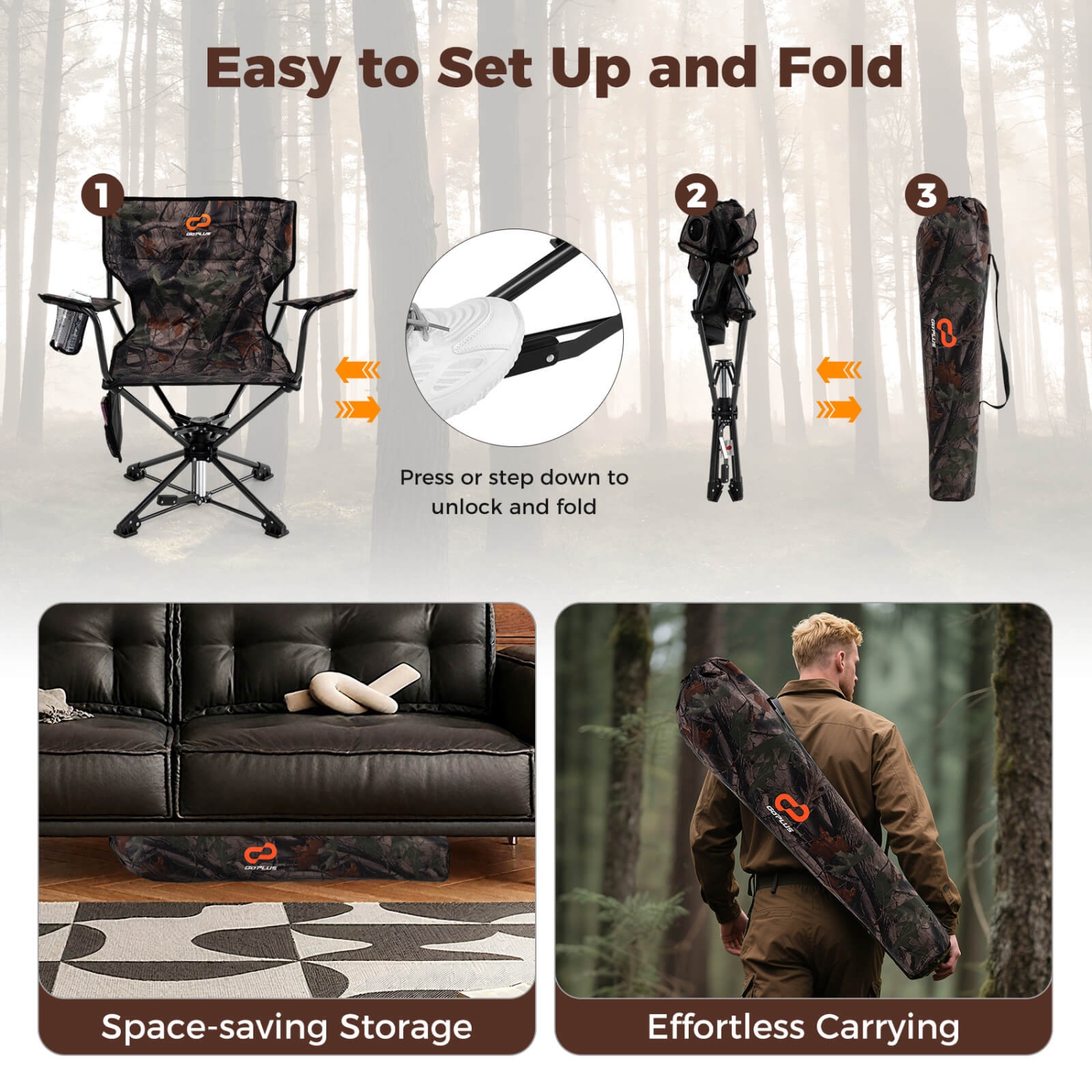 Goplus 360° Swivel Hunting Chair with Mesh Cup Holder & Storage Pockets Cozy Backrest