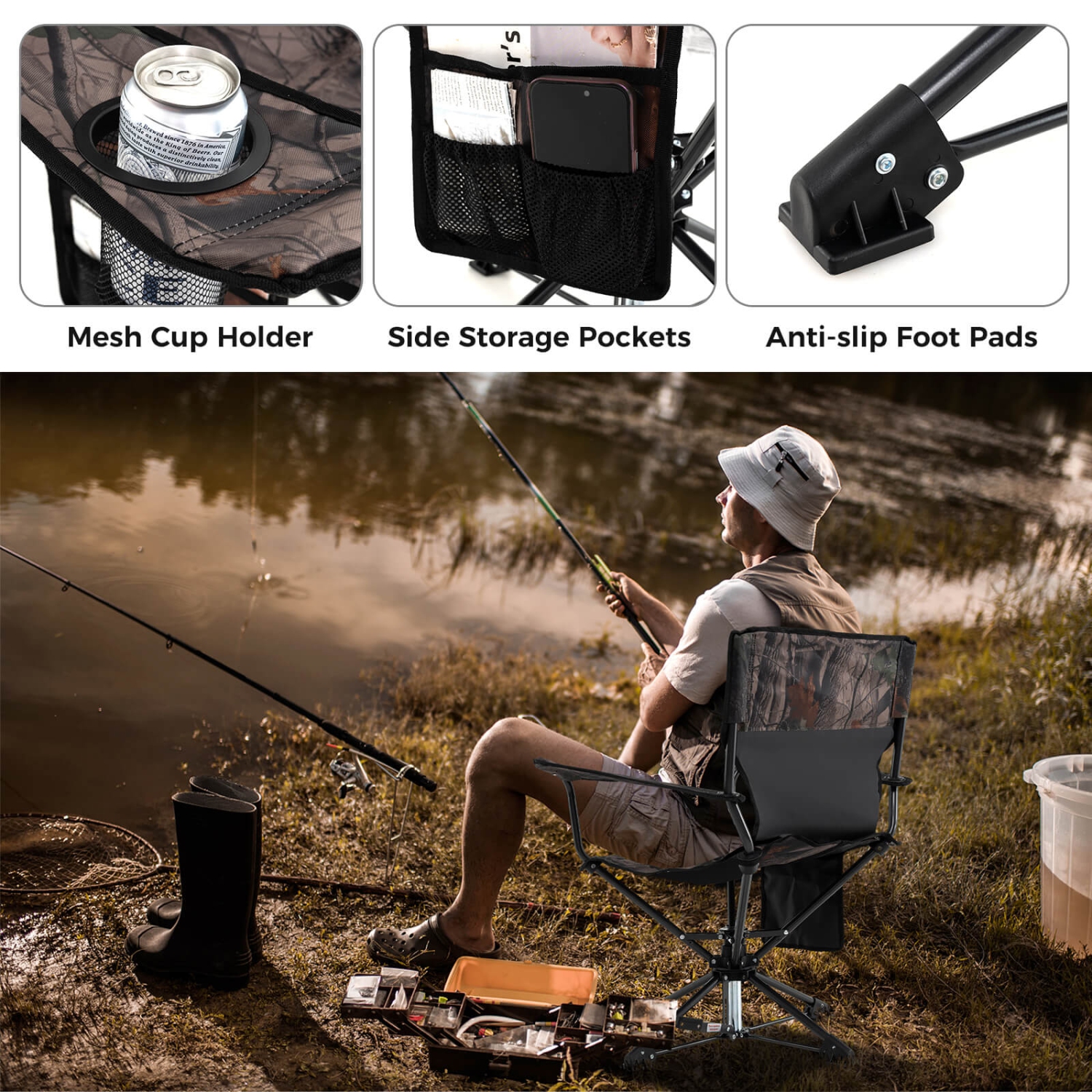 Goplus 360° Swivel Hunting Chair with Mesh Cup Holder & Storage Pockets Cozy Backrest