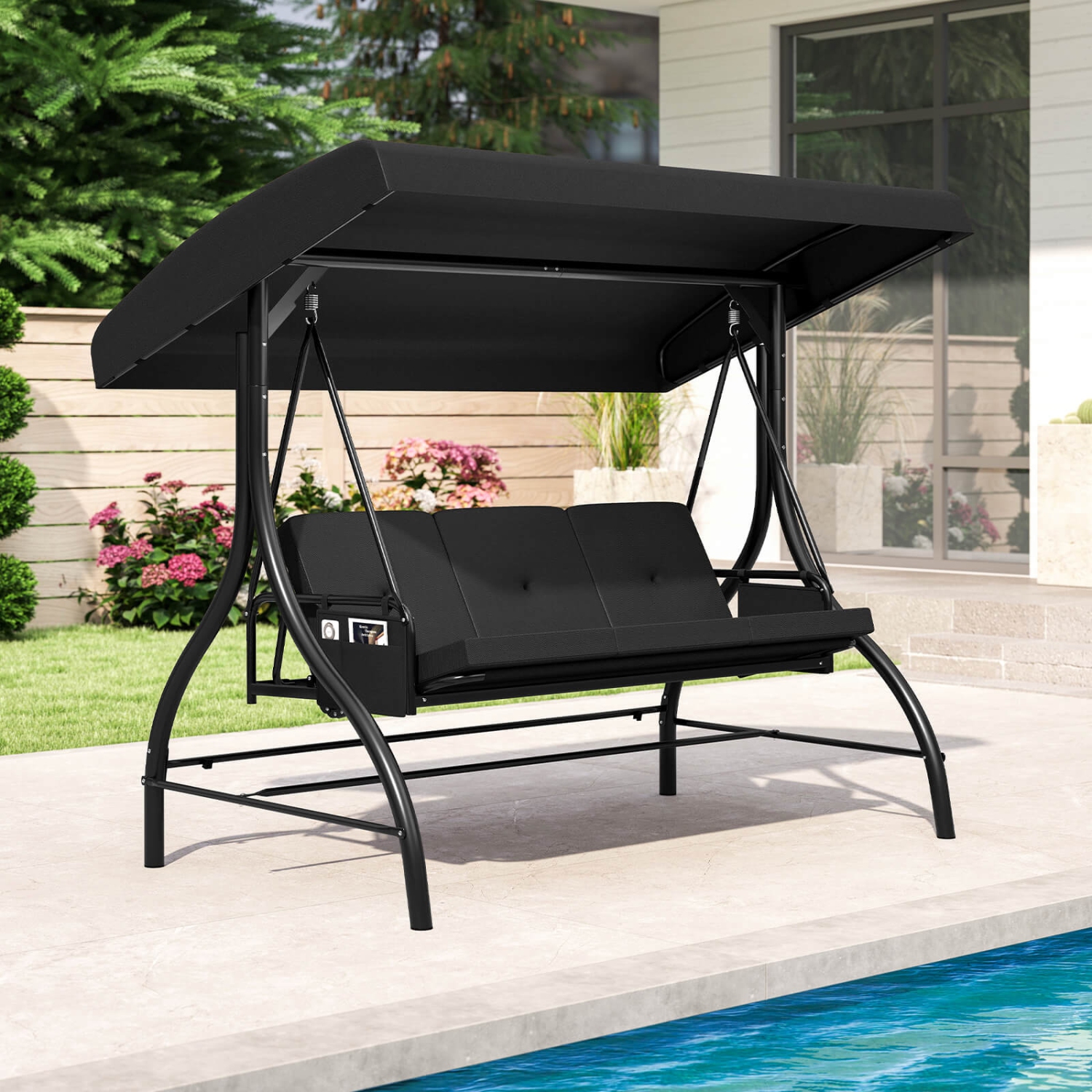 Costway 3-Seat Patio Swing with Canopy with Removable Cushions & Side Pockets Stand Black/Gray/Red/Brown/Beige