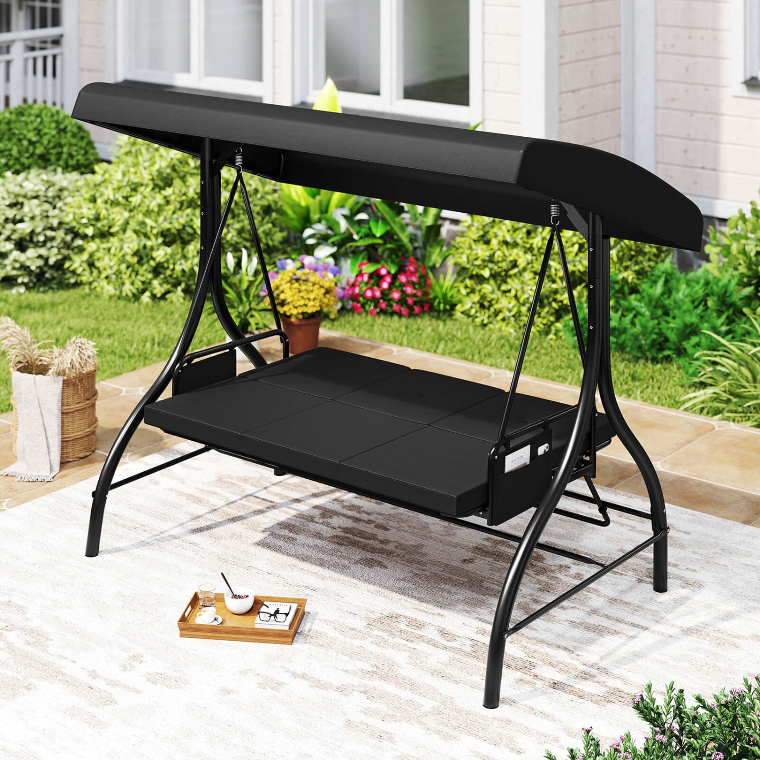Costway 3-Seat Patio Swing with Canopy with Removable Cushions & Side Pockets Stand Black/Gray/Red/Brown/Beige