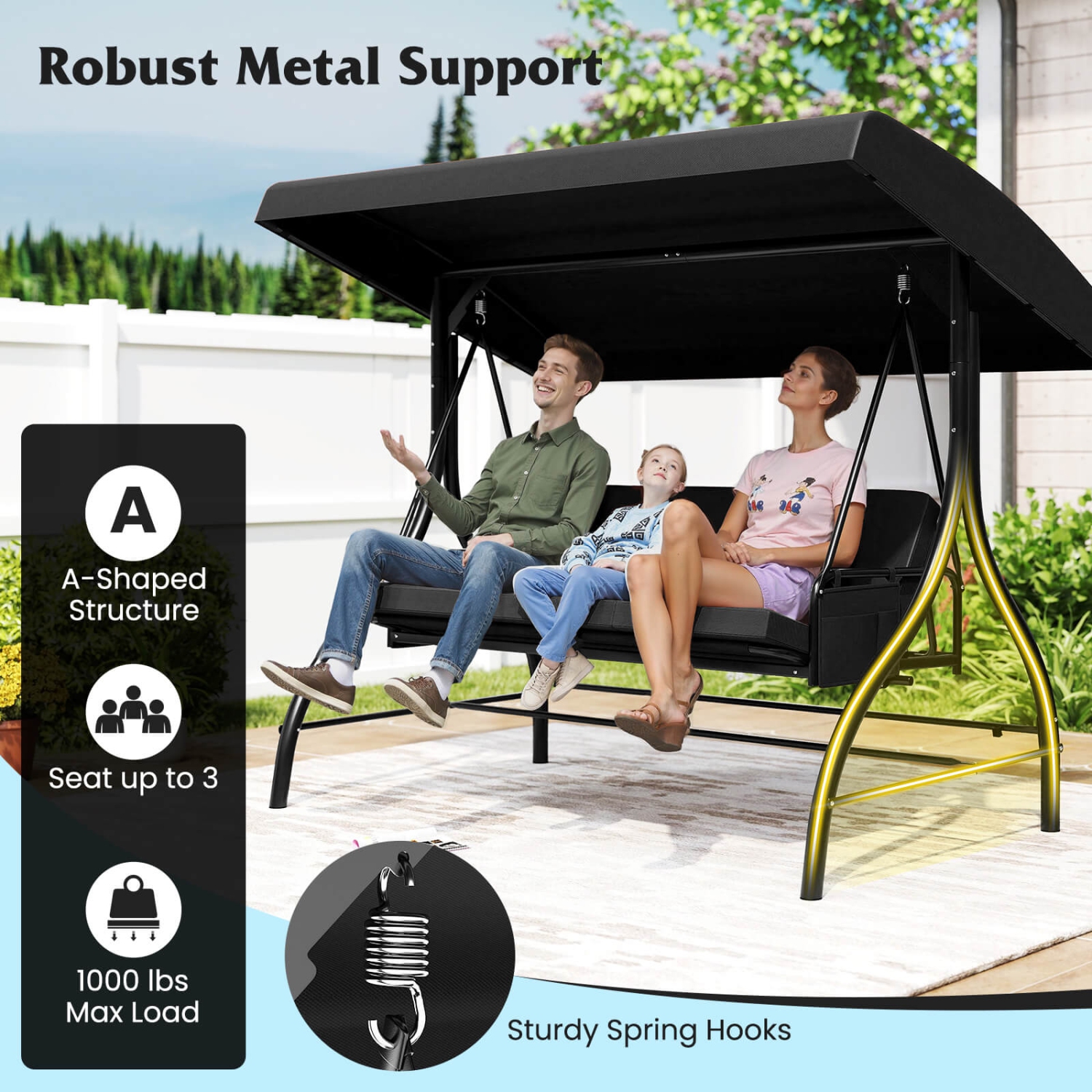 Costway 3-Seat Patio Swing with Canopy with Removable Cushions & Side Pockets Stand Black/Gray/Red/Brown/Beige