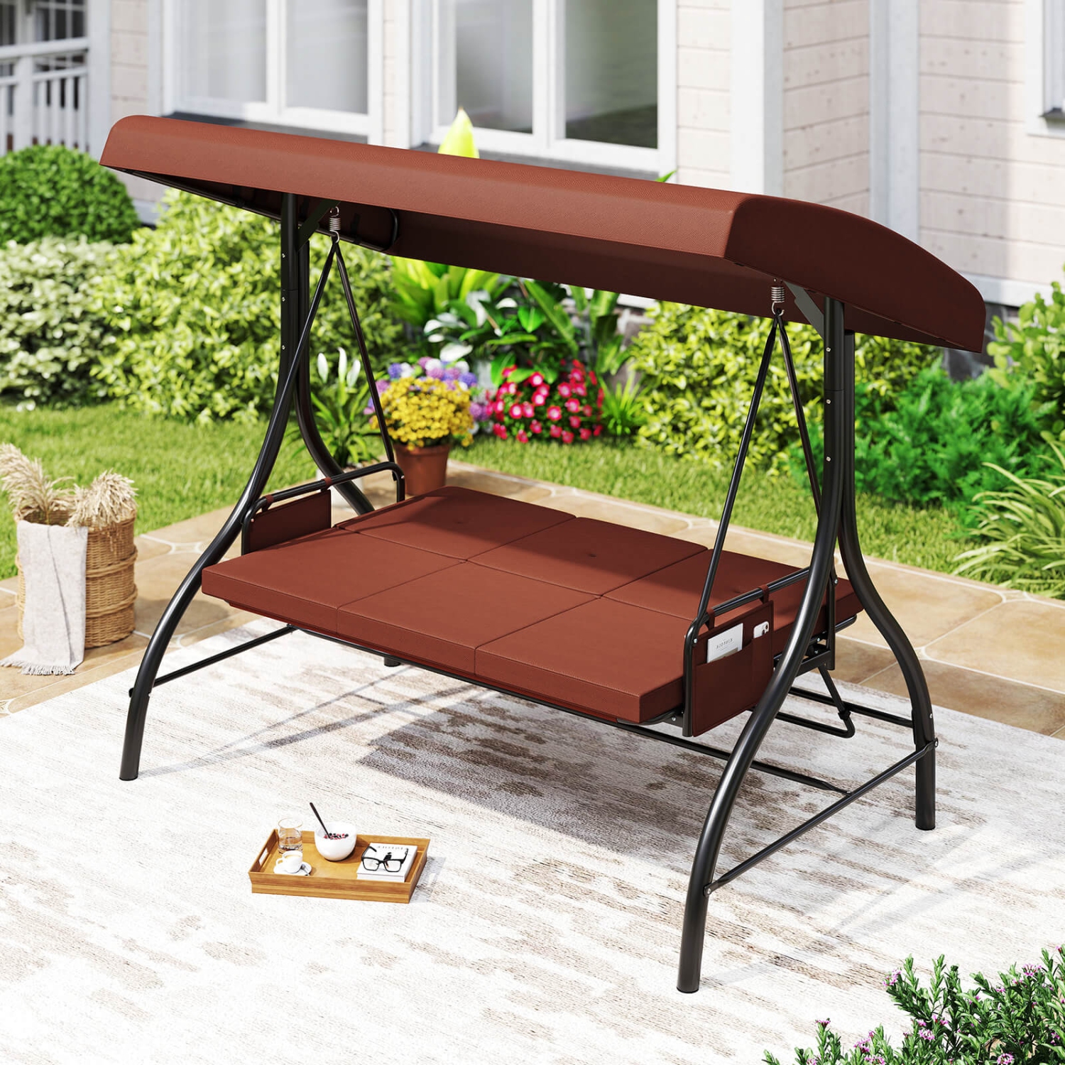 Costway 3-Seat Patio Swing with Canopy with Removable Cushions & Side Pockets Stand Black/Gray/Red/Brown/Beige