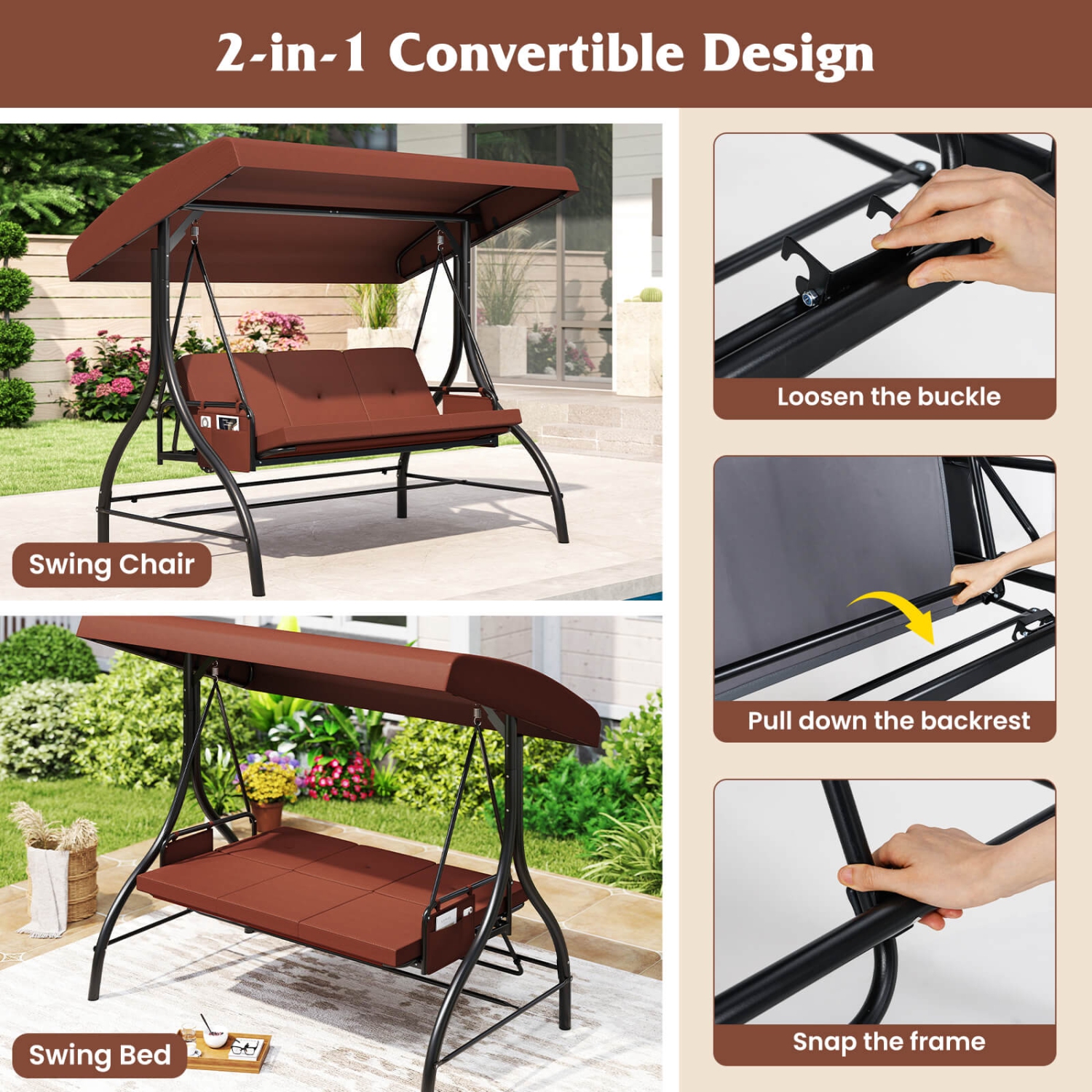 Costway 3-Seat Patio Swing with Canopy with Removable Cushions & Side Pockets Stand Black/Gray/Red/Brown/Beige
