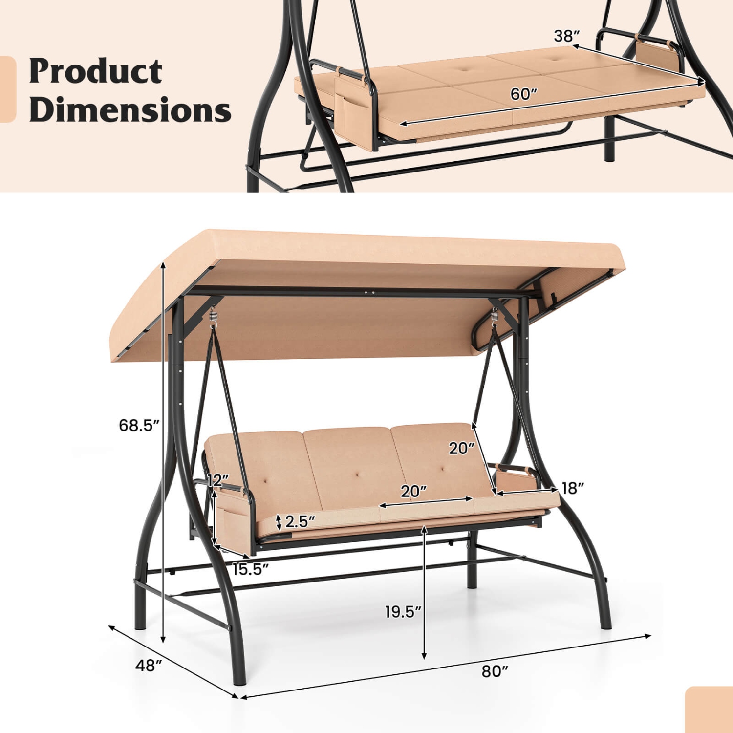 Costway 3-Seat Patio Swing with Canopy with Removable Cushions & Side Pockets Stand Black/Gray/Red/Brown/Beige