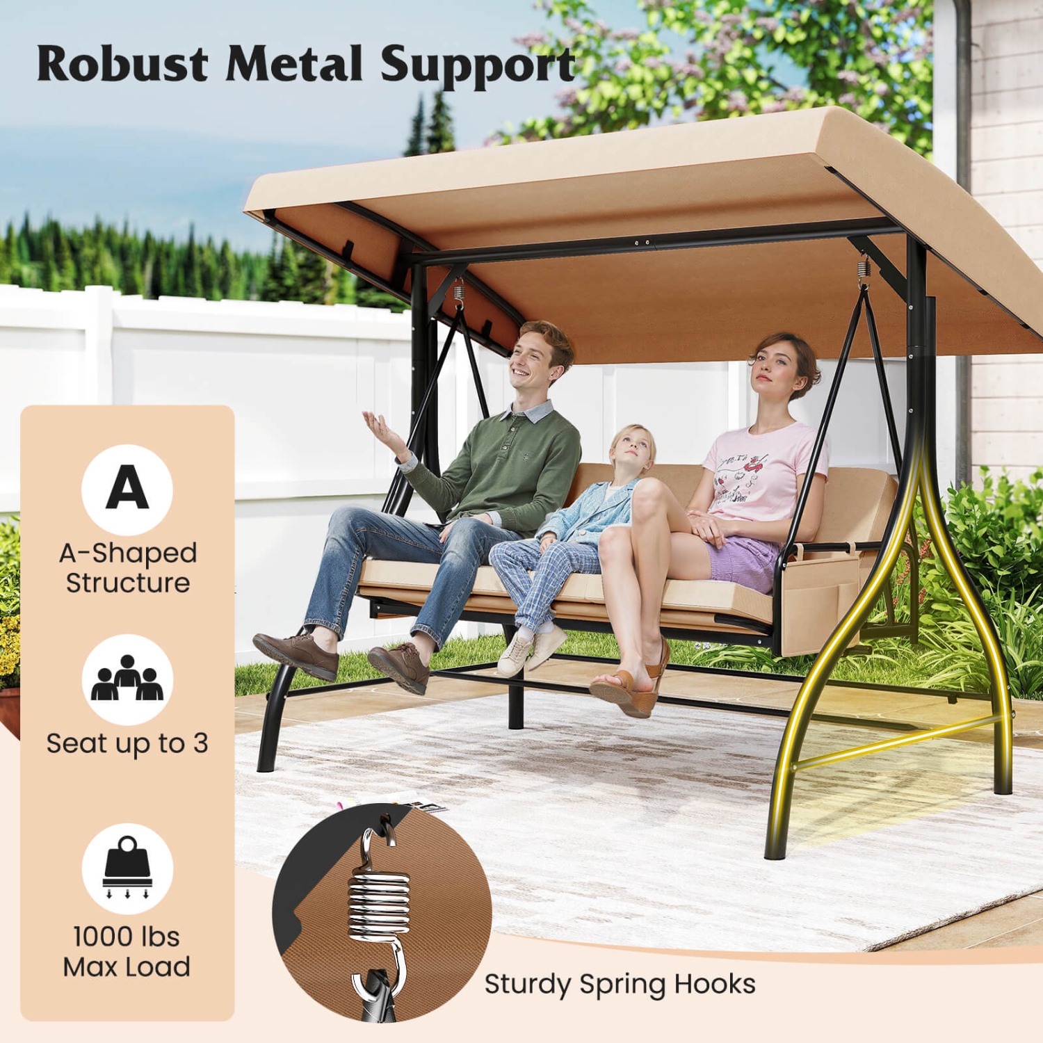 Costway 3-Seat Patio Swing with Canopy with Removable Cushions & Side Pockets Stand Black/Gray/Red/Brown/Beige