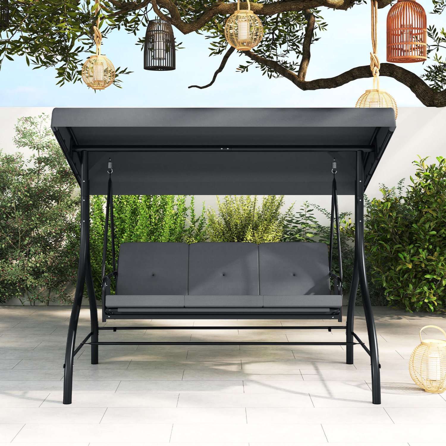 Costway 3-Seat Patio Swing with Canopy with Removable Cushions & Side Pockets Stand Black/Gray/Red/Brown/Beige