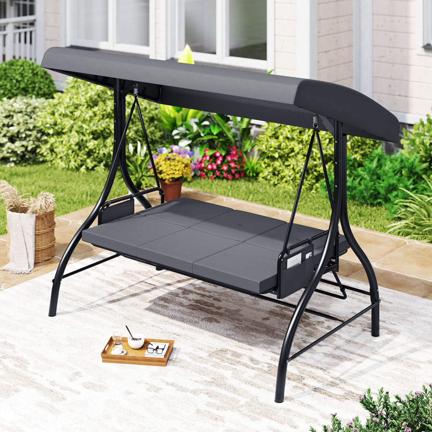 Costway 3-Seat Patio Swing with Canopy with Removable Cushions & Side Pockets Stand Black/Gray/Red/Brown/Beige