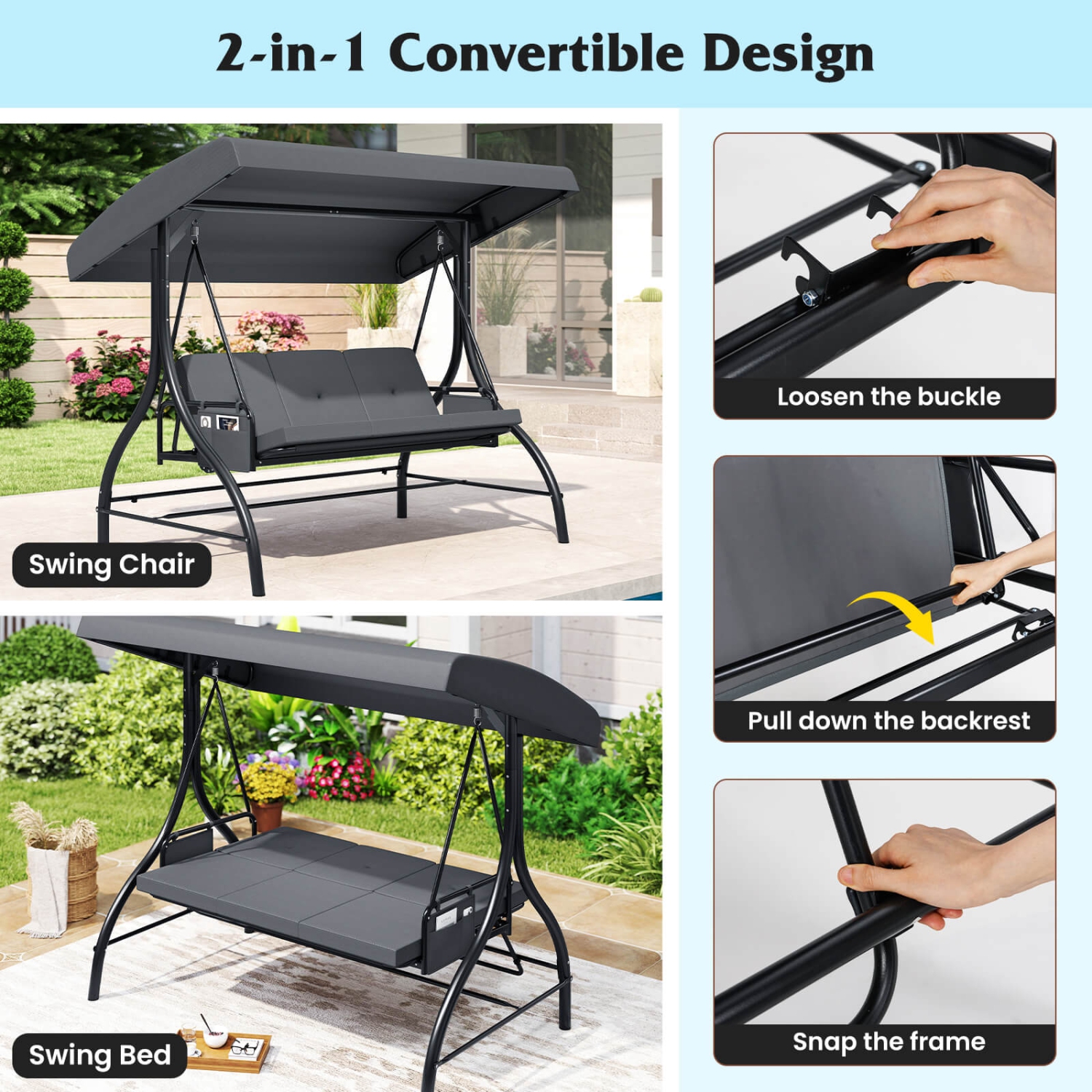 Costway 3-Seat Patio Swing with Canopy with Removable Cushions & Side Pockets Stand Black/Gray/Red/Brown/Beige