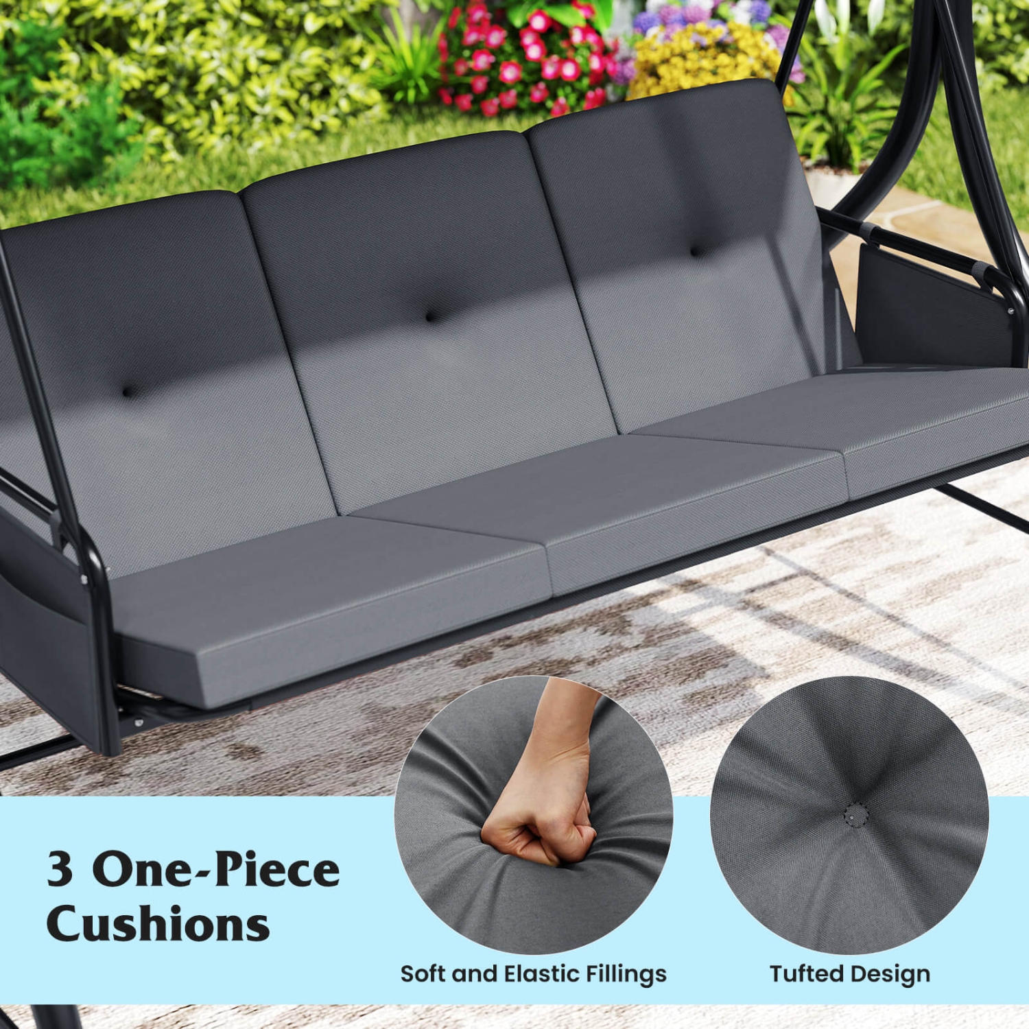 Costway 3-Seat Patio Swing with Canopy with Removable Cushions & Side Pockets Stand Black/Gray/Red/Brown/Beige