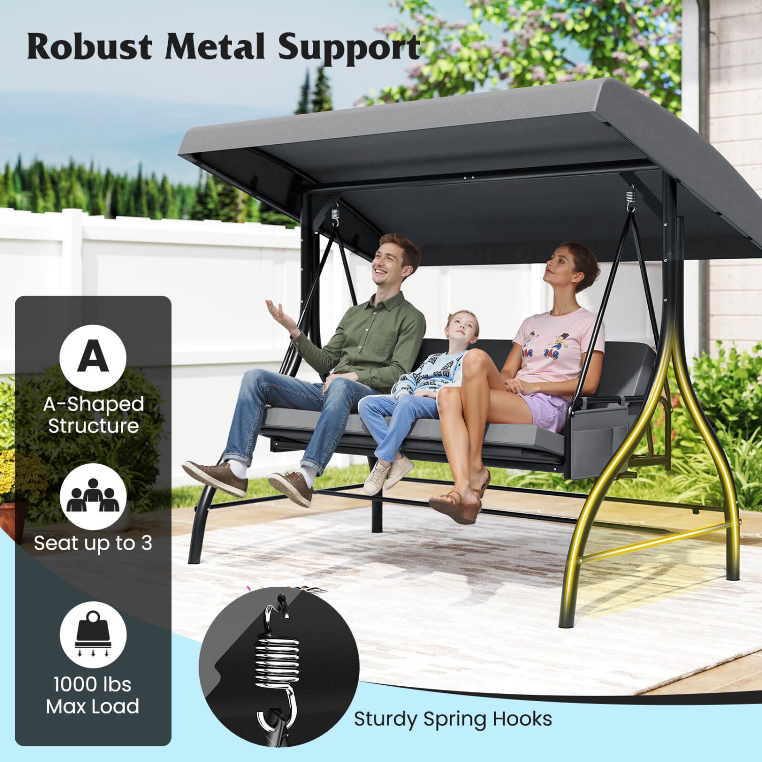 Costway 3-Seat Patio Swing with Canopy with Removable Cushions & Side Pockets Stand Black/Gray/Red/Brown/Beige