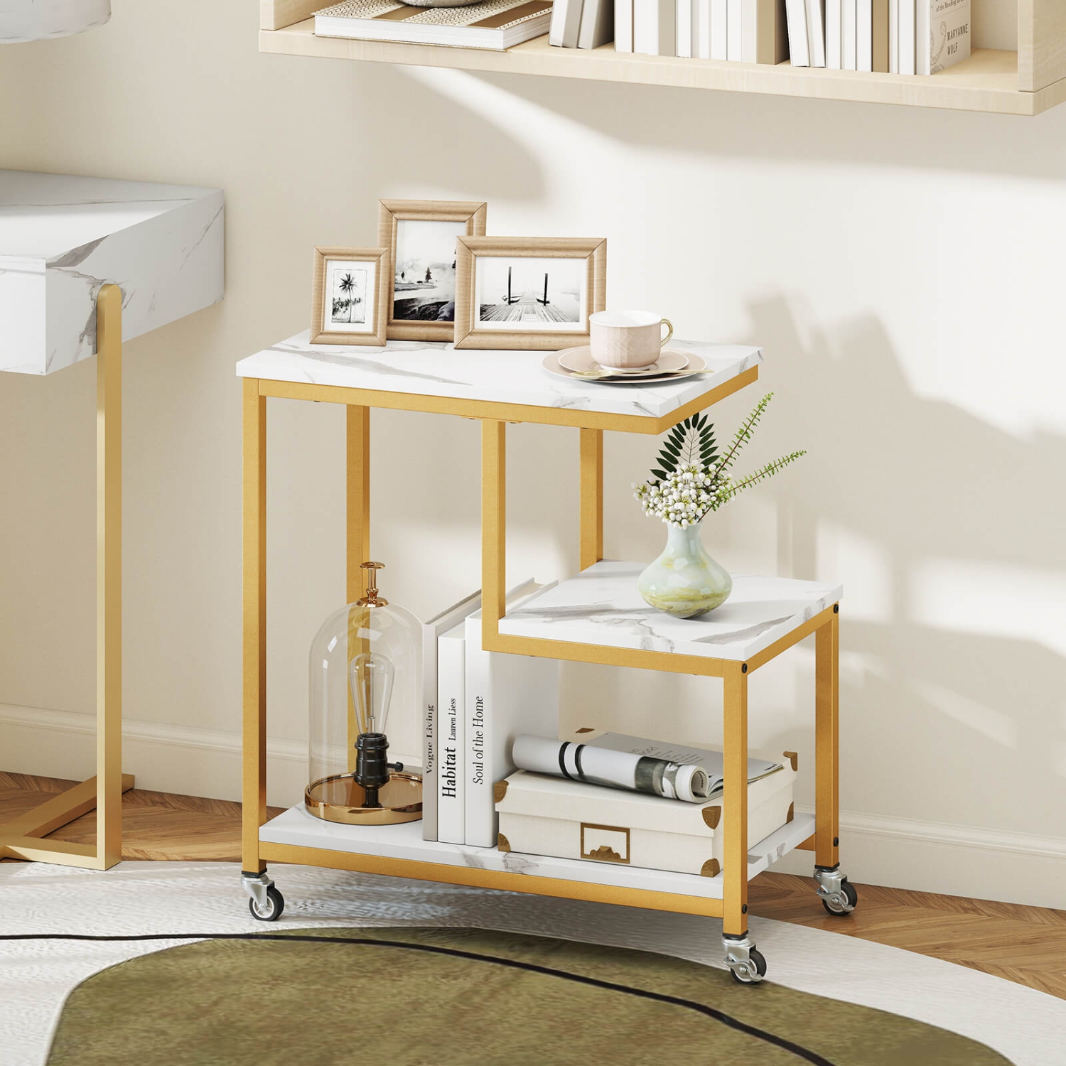 Costway 1/2 PCS Modern G-Shaped End Table Home 3-Tier Side Table with Storage Shelves Accent Table Gray/White/Brown