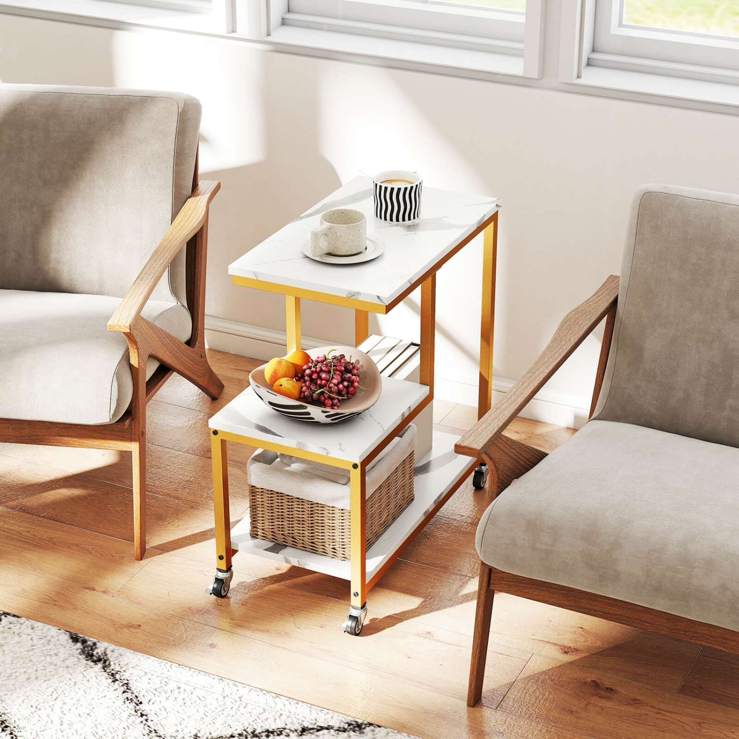 Costway 1/2 PCS Modern G-Shaped End Table Home 3-Tier Side Table with Storage Shelves Accent Table Gray/White/Brown