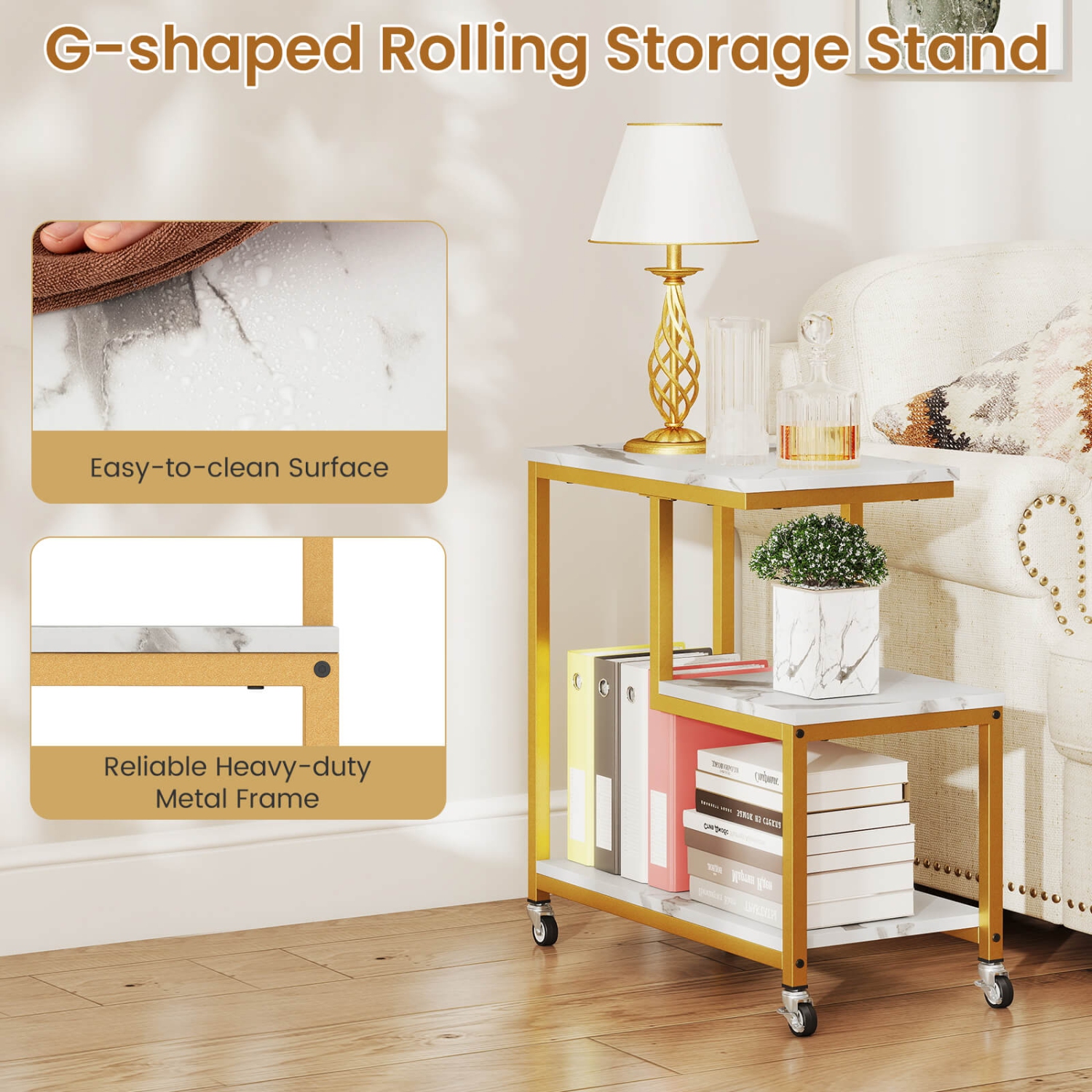 Costway 1/2 PCS Modern G-Shaped End Table Home 3-Tier Side Table with Storage Shelves Accent Table Gray/White/Brown