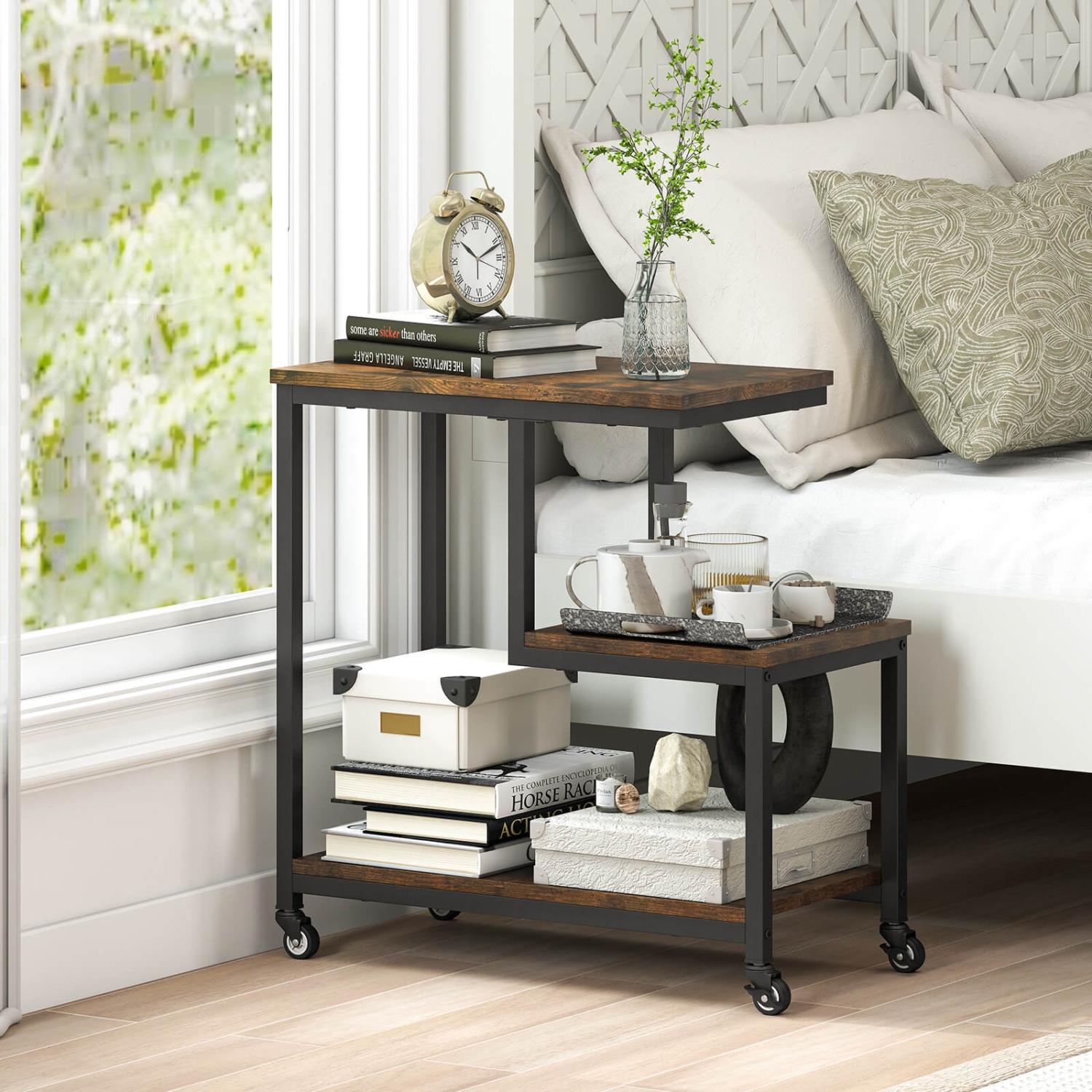 Table de bout moderne G 1/2 de Costway Table d'appoint 3 niveaux/tablettes de rangement Table d'appoint Gris/Blanc/Brun