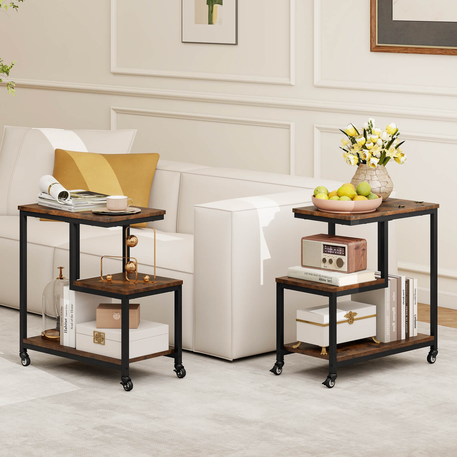 Costway 1/2 PCS Modern G-Shaped End Table Home 3-Tier Side Table with Storage Shelves Accent Table Gray/White/Brown