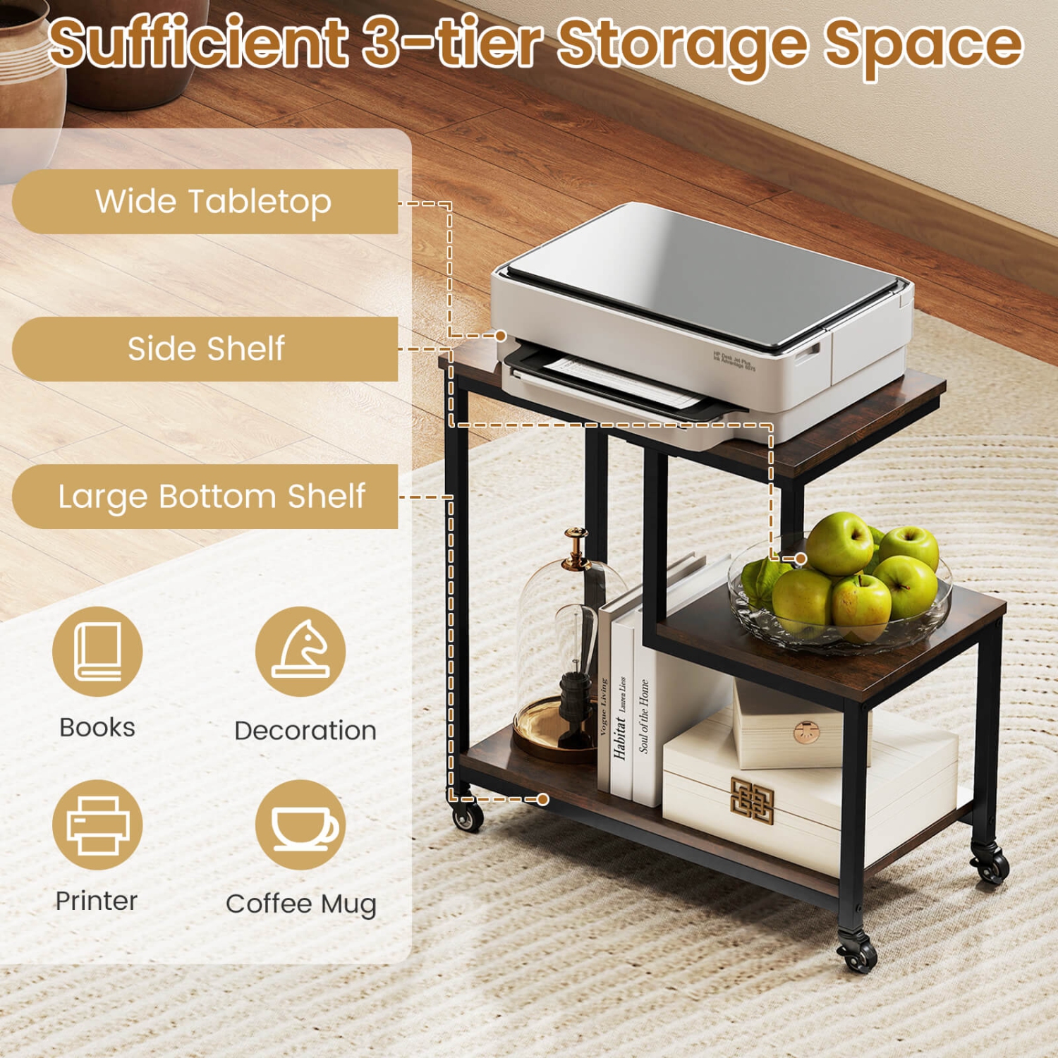 Costway 1/2 PCS Modern G-Shaped End Table Home 3-Tier Side Table with Storage Shelves Accent Table Gray/White/Brown