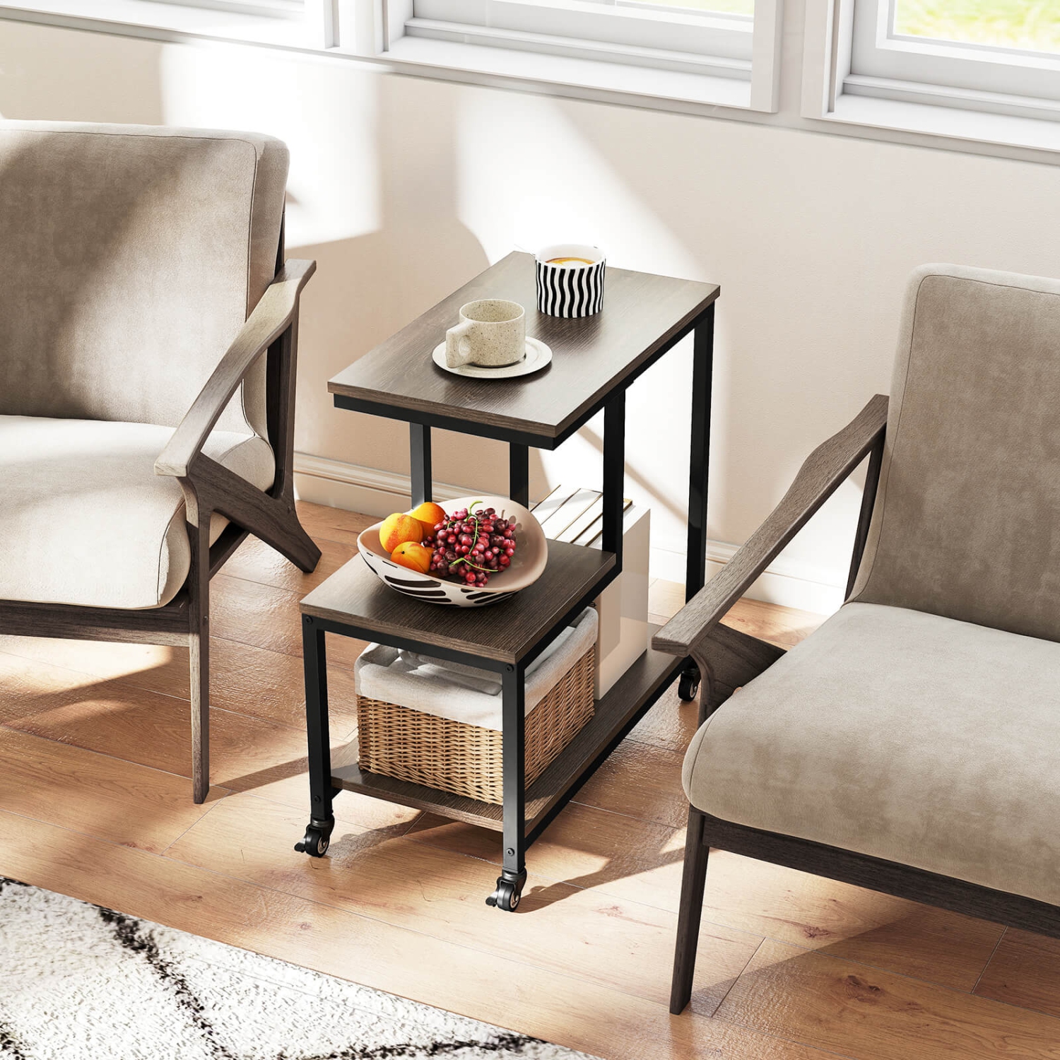 Costway 1/2 PCS Modern G-Shaped End Table Home 3-Tier Side Table with Storage Shelves Accent Table Gray/White/Brown