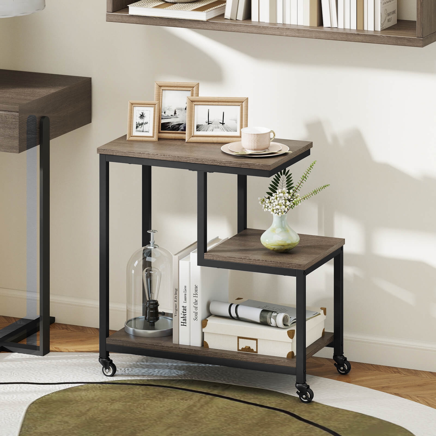 Costway 1/2 PCS Modern G-Shaped End Table Home 3-Tier Side Table with Storage Shelves Accent Table Gray/White/Brown