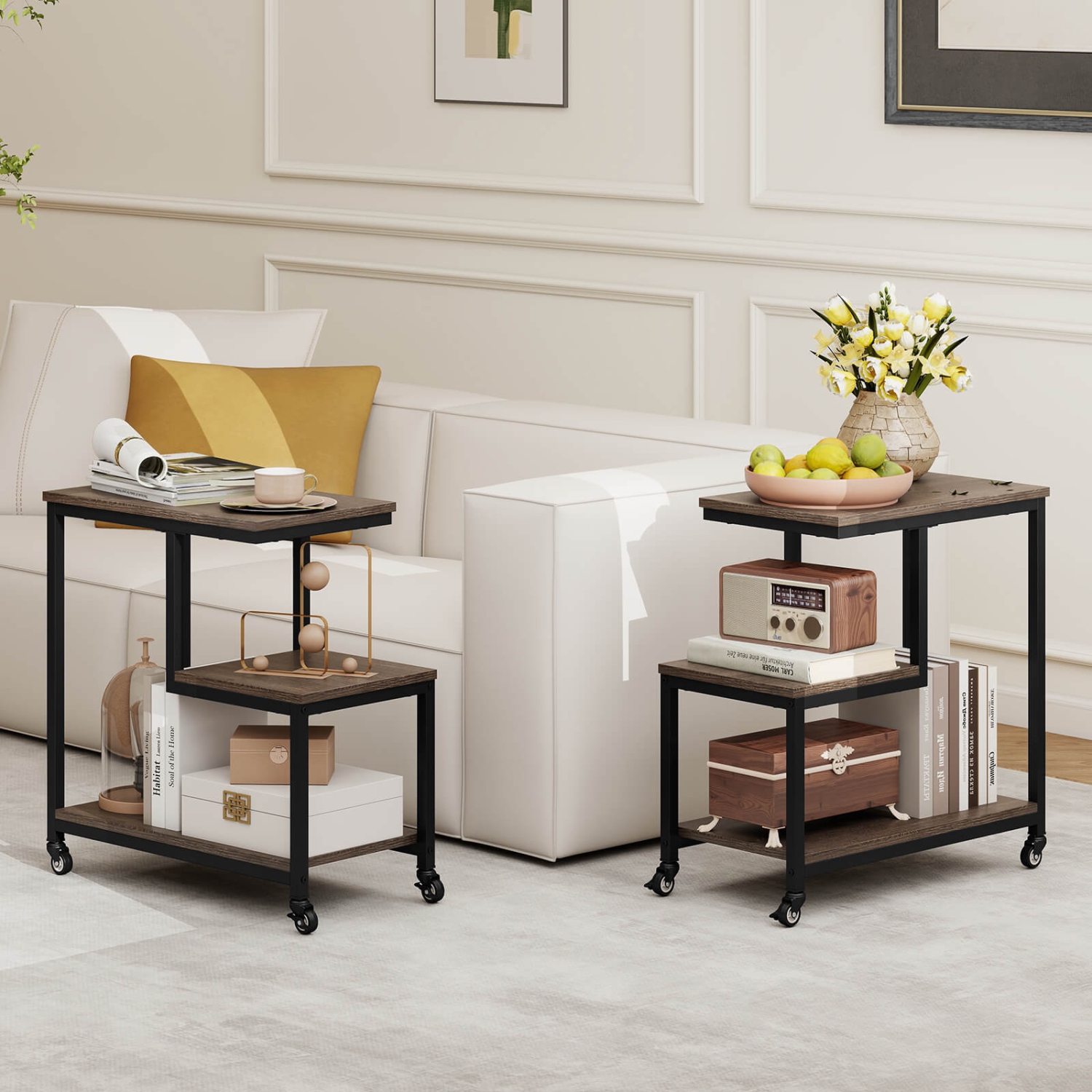 Costway 1/2 PCS Modern G-Shaped End Table Home 3-Tier Side Table with Storage Shelves Accent Table Gray/White/Brown