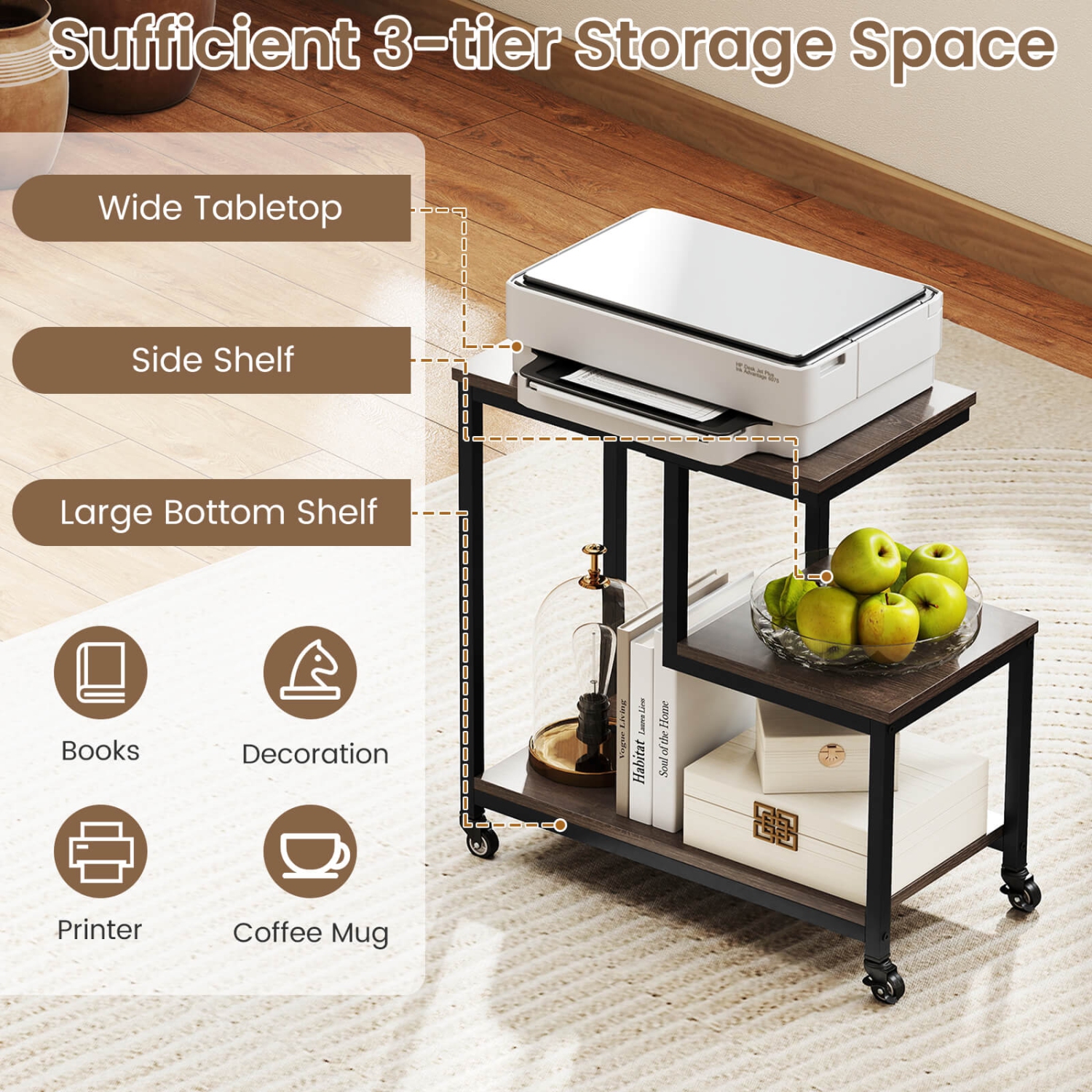 Costway 1/2 PCS Modern G-Shaped End Table Home 3-Tier Side Table with Storage Shelves Accent Table Gray/White/Brown