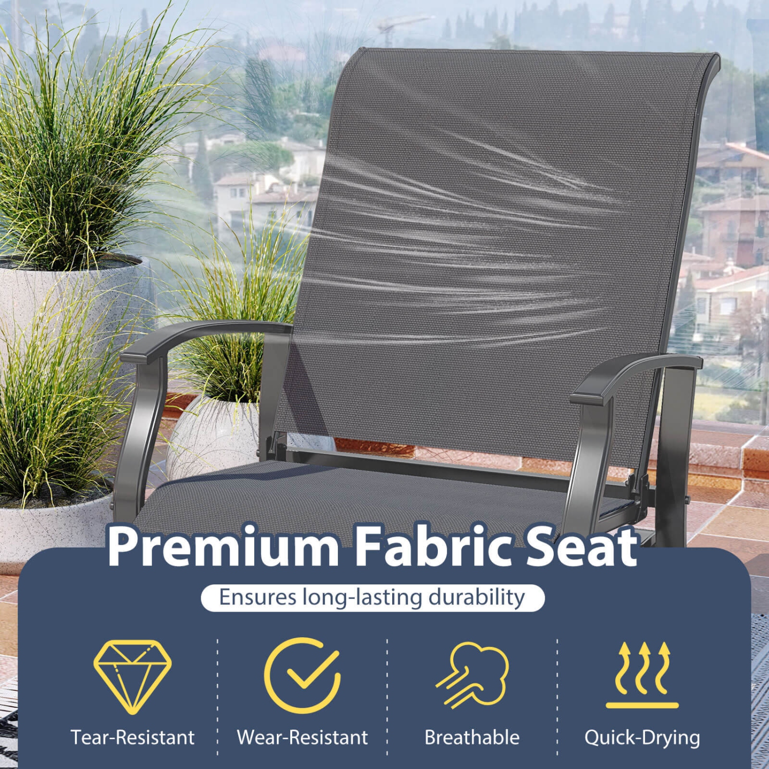 Costway Porch Gliders Set of 2/4 with Reclined High Back Breathable Mesh Fabric Metal Frame Beige/Gray