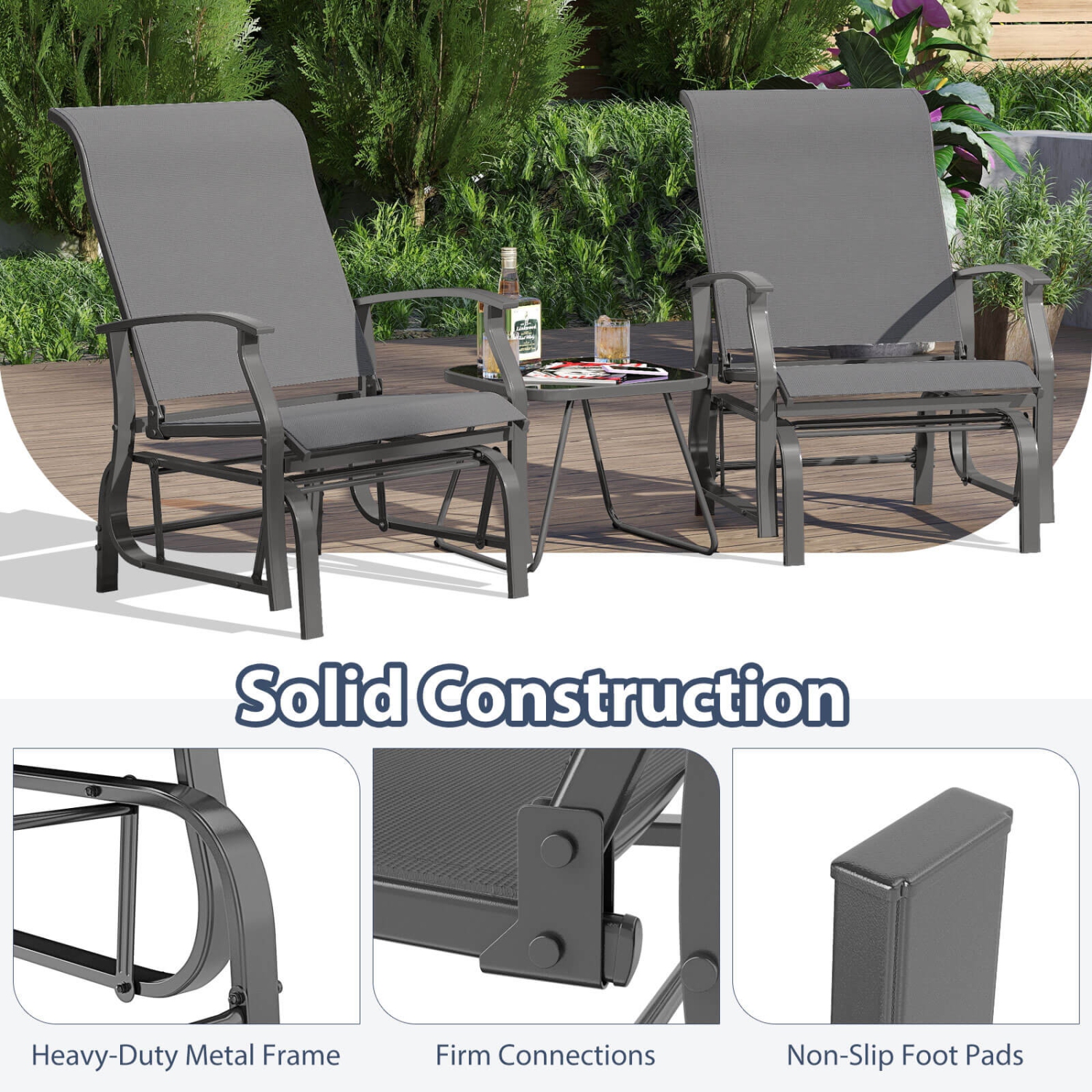 Costway Porch Gliders Set of 2/4 with Reclined High Back Breathable Mesh Fabric Metal Frame Beige/Gray