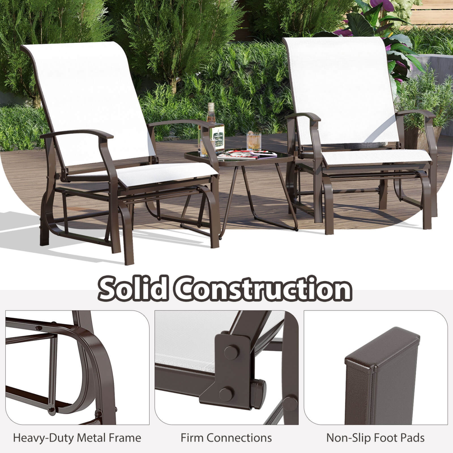 Costway Porch Gliders Set of 2/4 with Reclined High Back Breathable Mesh Fabric Metal Frame Beige/Gray