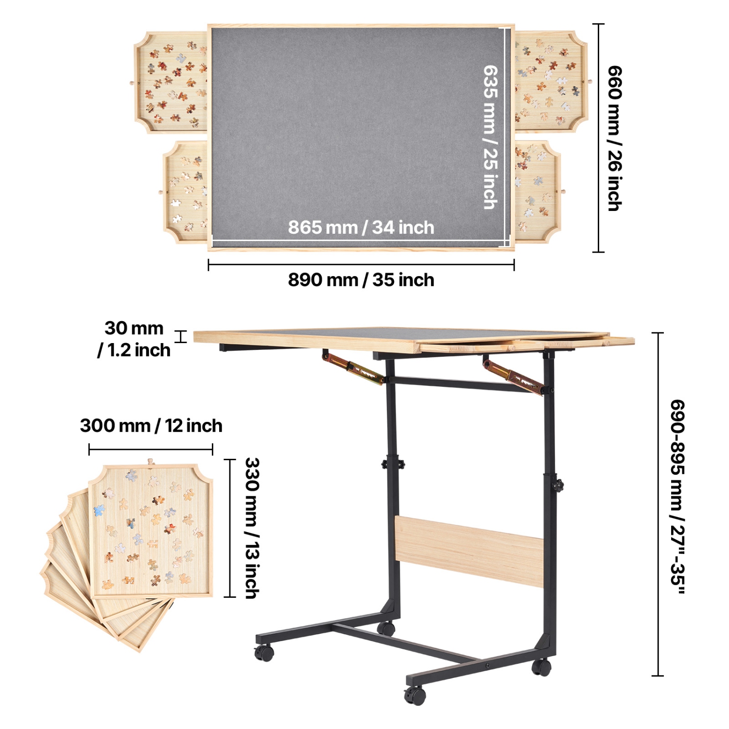 Table de casse-tête VEVOR de 1500 x 25&nbsp;po avec pattes, 4 tiroirs et couvercle, planche en bois portative à roulettes, accessoires de casse-tête