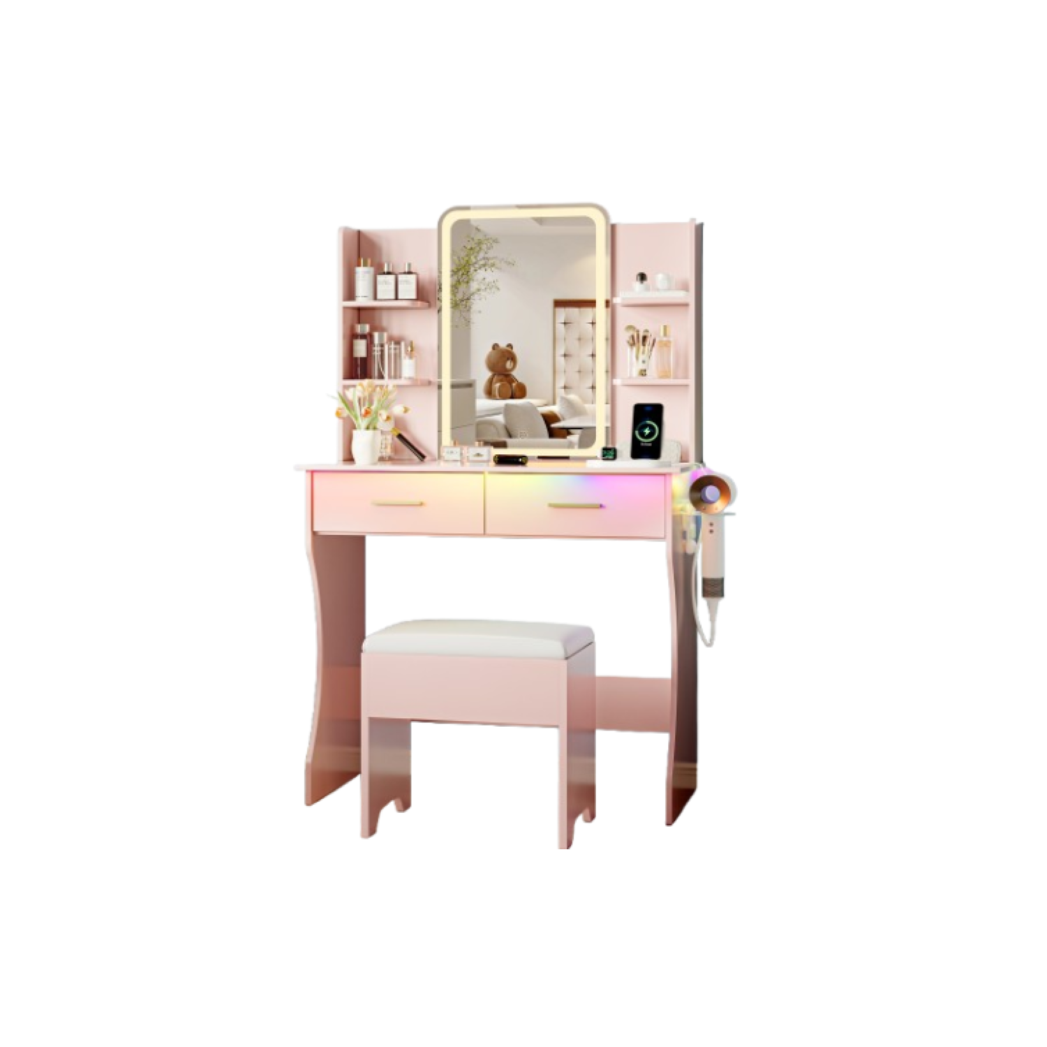 Coiffeuse avec miroir et prise électrique LED, petite coiffeuse à maquillage avec tiroirs de rangement et chaise, 3 modes d'éclairage et luminosité