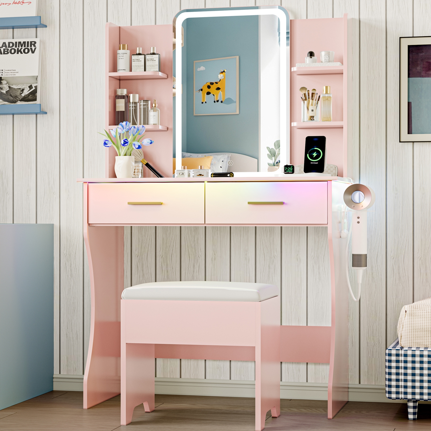 Coiffeuse avec miroir et prise électrique LED, petite coiffeuse à maquillage avec tiroirs de rangement et chaise, 3 modes d'éclairage et luminosité