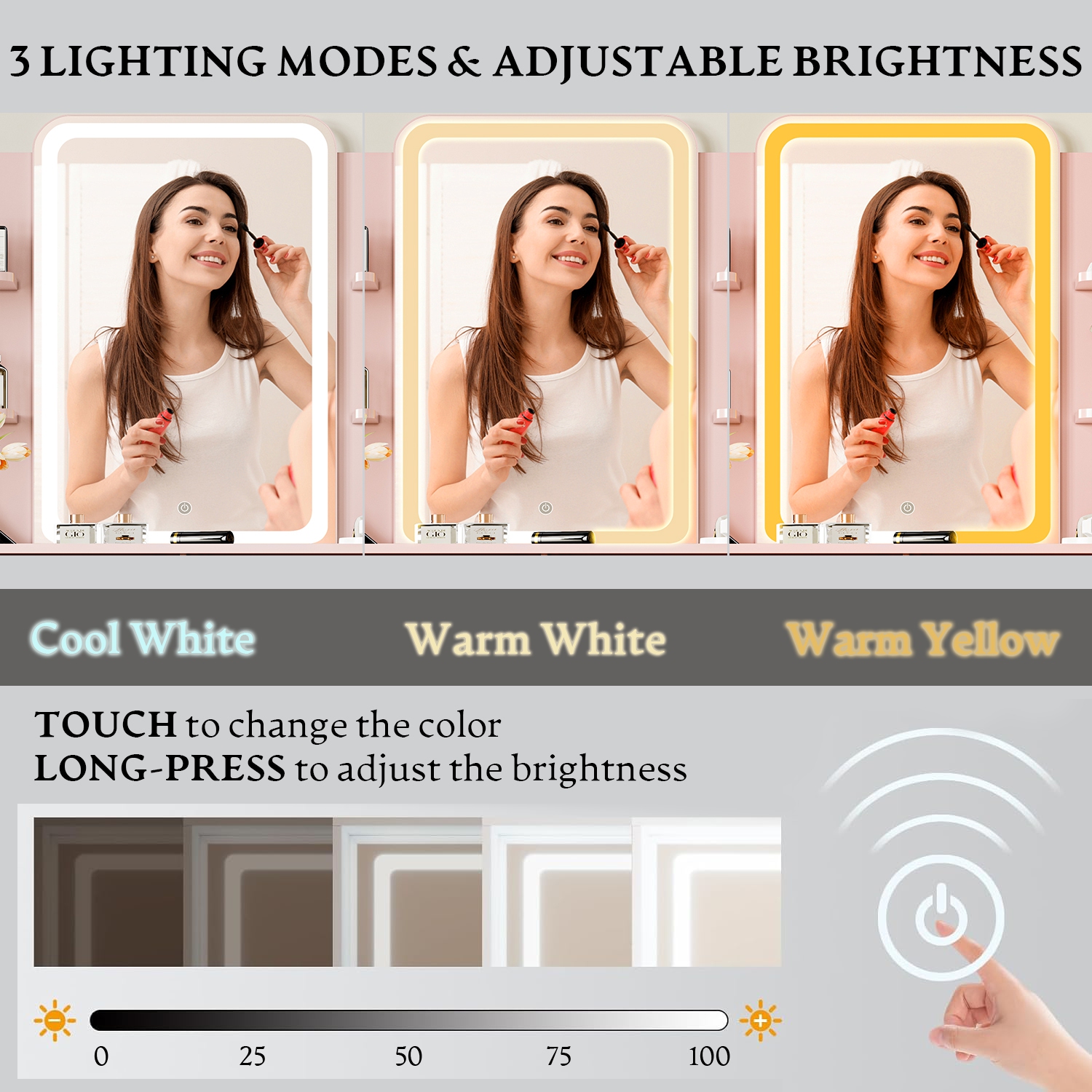 Coiffeuse avec miroir et prise électrique LED, petite coiffeuse à maquillage avec tiroirs de rangement et chaise, 3 modes d'éclairage et luminosité