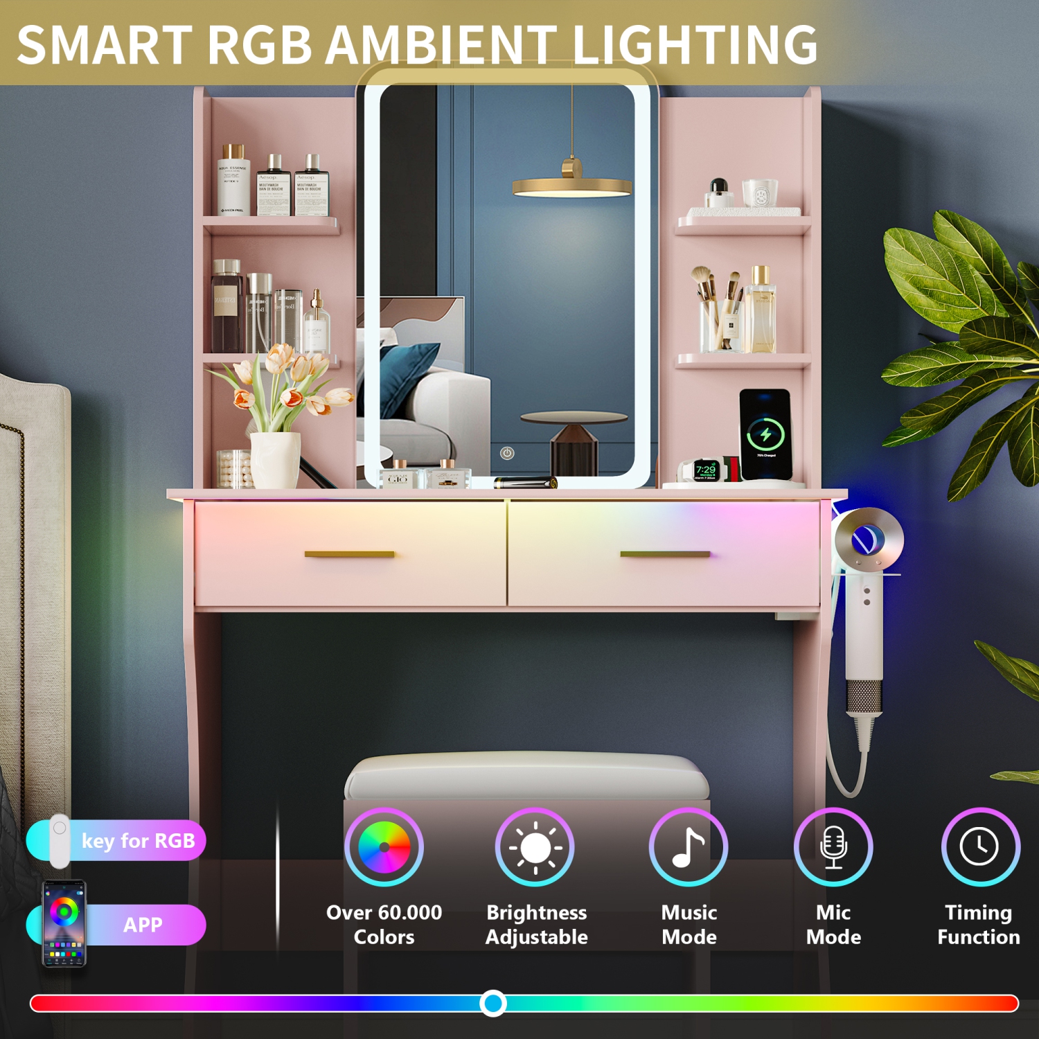 Coiffeuse avec miroir et prise électrique LED, petite coiffeuse à maquillage avec tiroirs de rangement et chaise, 3 modes d'éclairage et luminosité