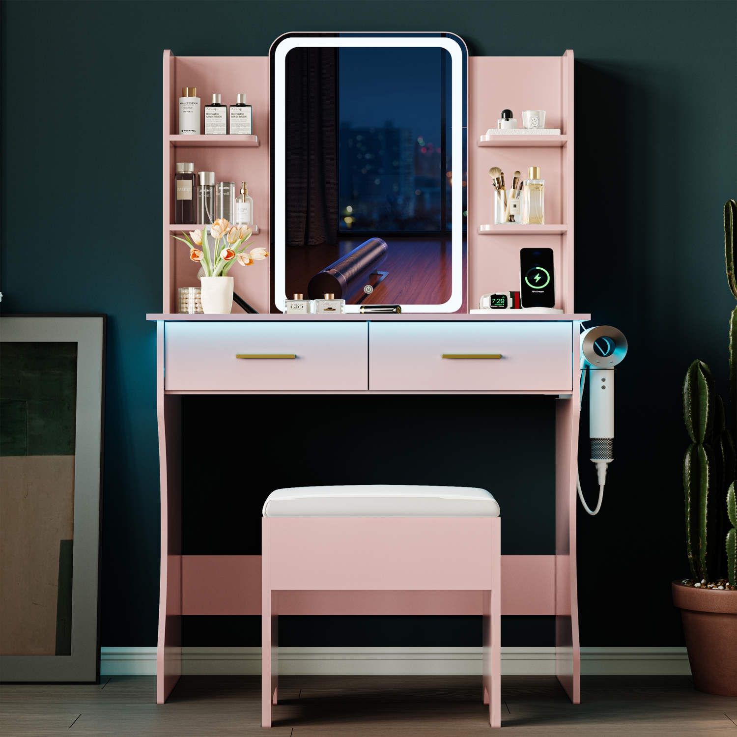 Coiffeuse avec miroir et prise électrique LED, petite coiffeuse à maquillage avec tiroirs de rangement et chaise, 3 modes d'éclairage et luminosité