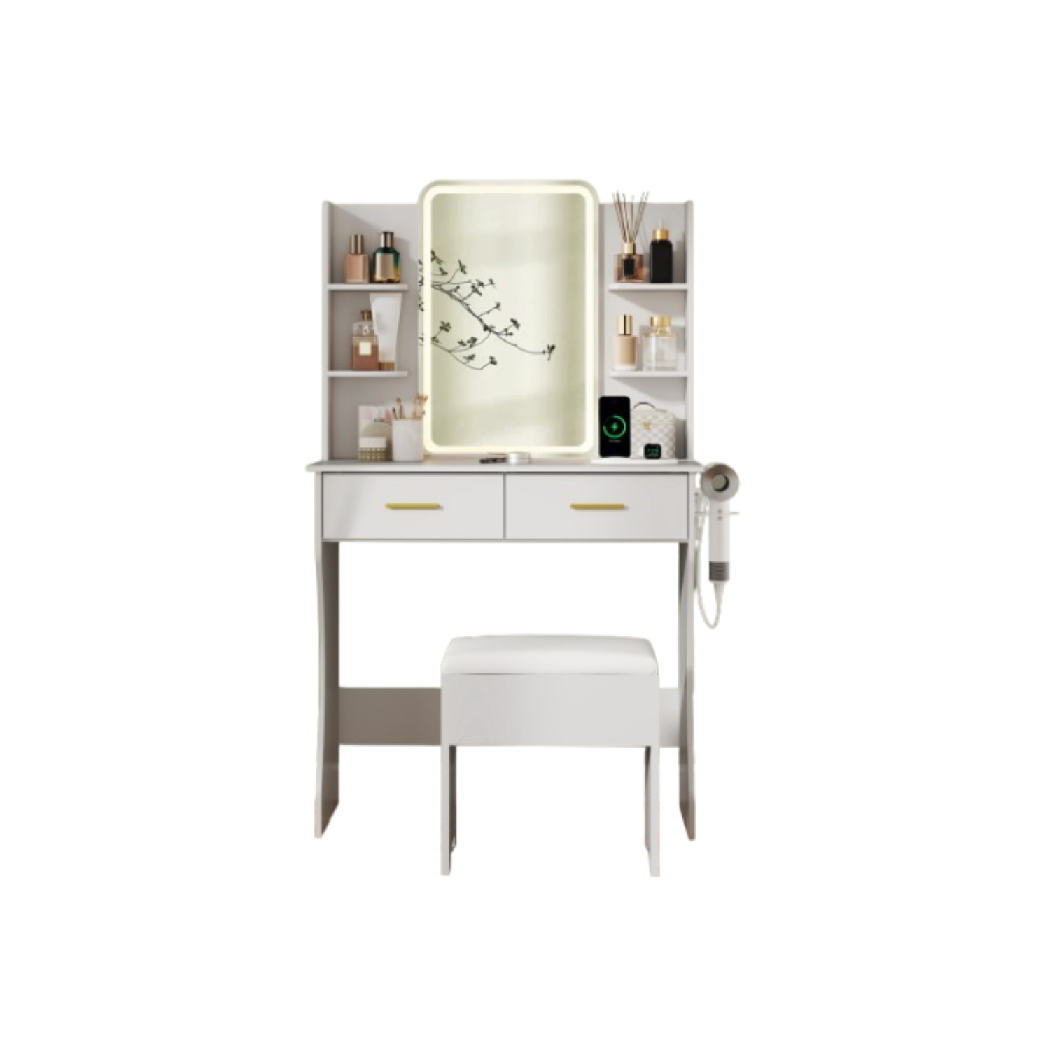 Coiffeuse avec miroir et prise électrique LED, petite coiffeuse à maquillage avec tiroirs de rangement et chaise, 3 modes d'éclairage et luminosité