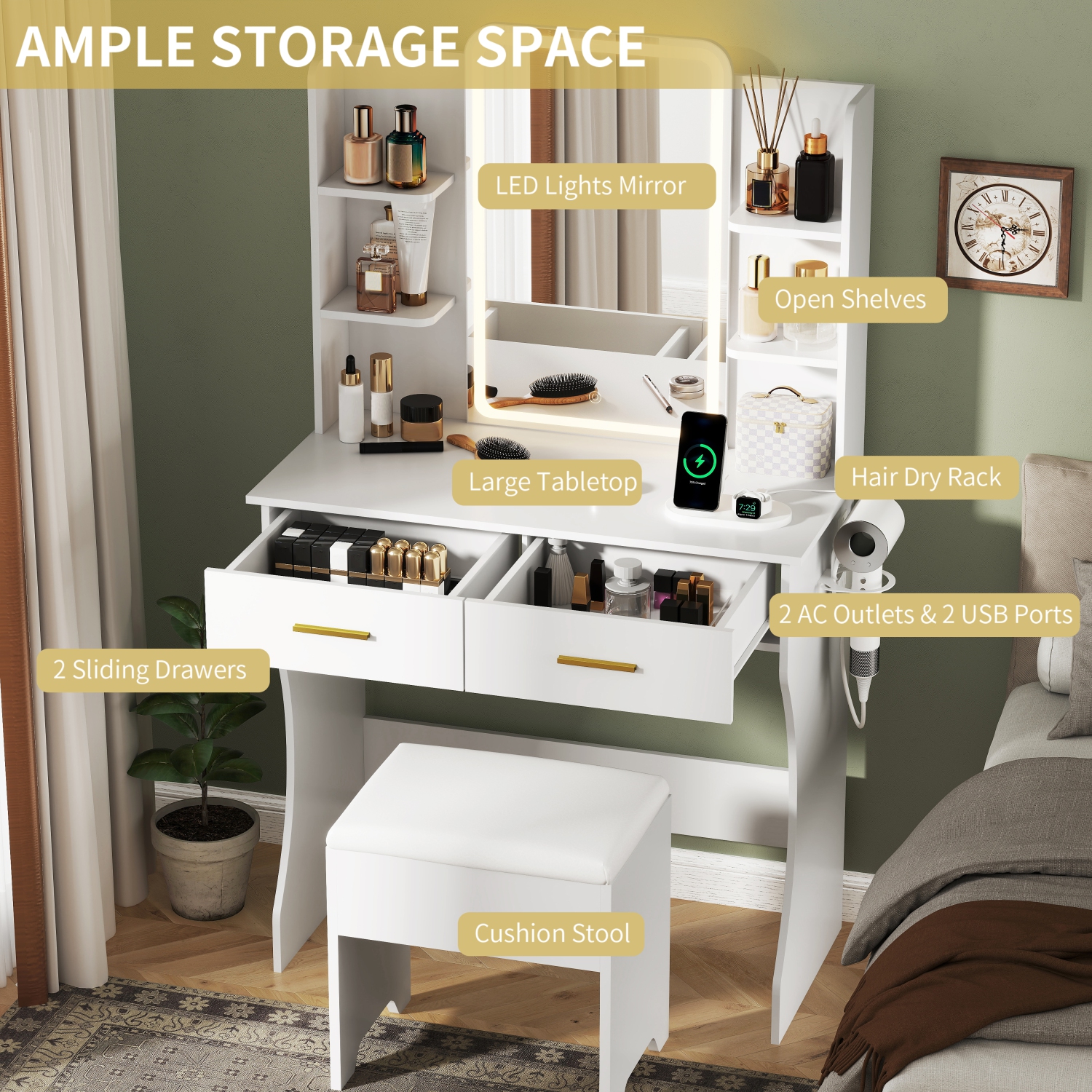 Coiffeuse avec miroir et prise électrique LED, petite coiffeuse à maquillage avec tiroirs de rangement et chaise, 3 modes d'éclairage et luminosité