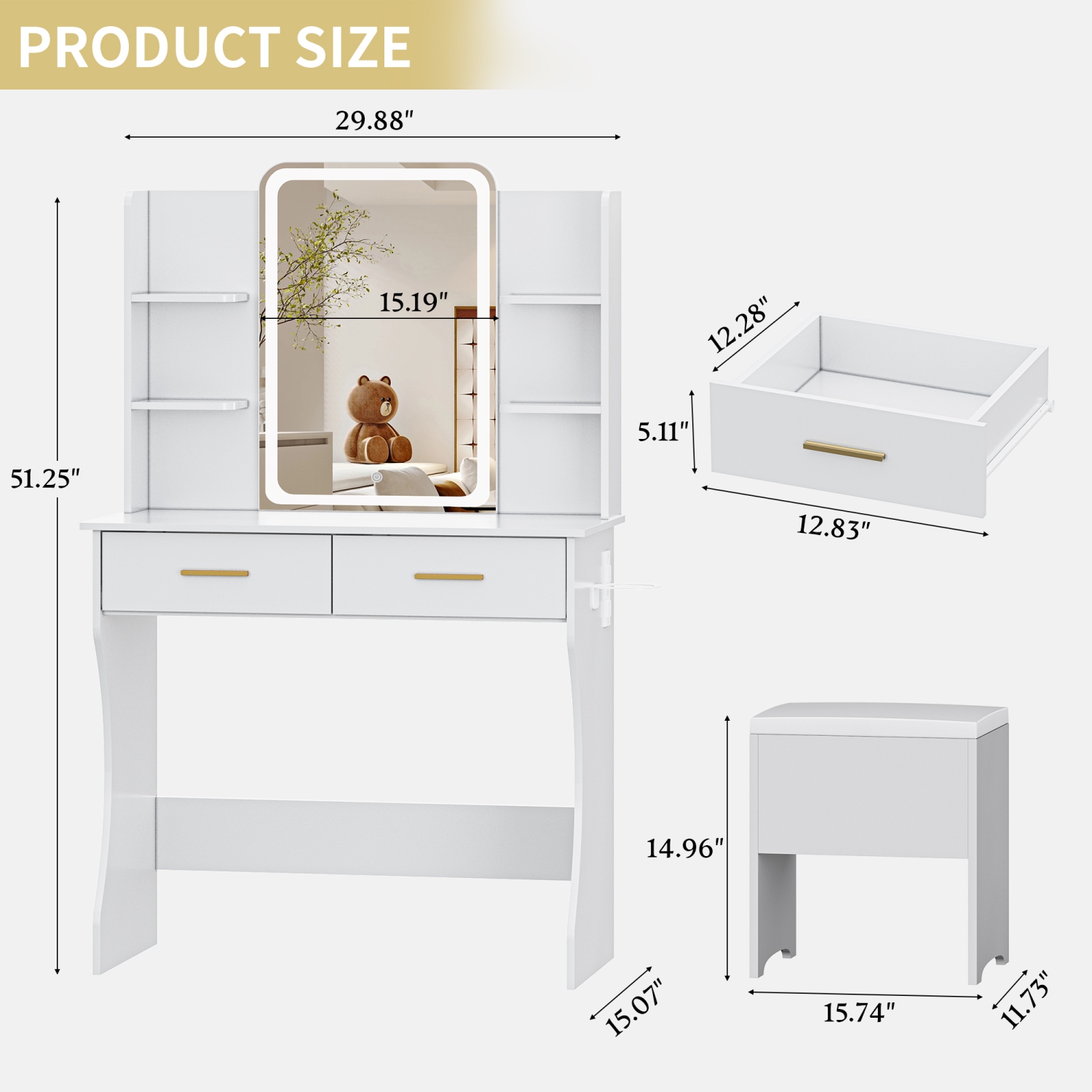 Coiffeuse avec miroir et prise électrique LED, petite coiffeuse à maquillage avec tiroirs de rangement et chaise, 3 modes d'éclairage et luminosité