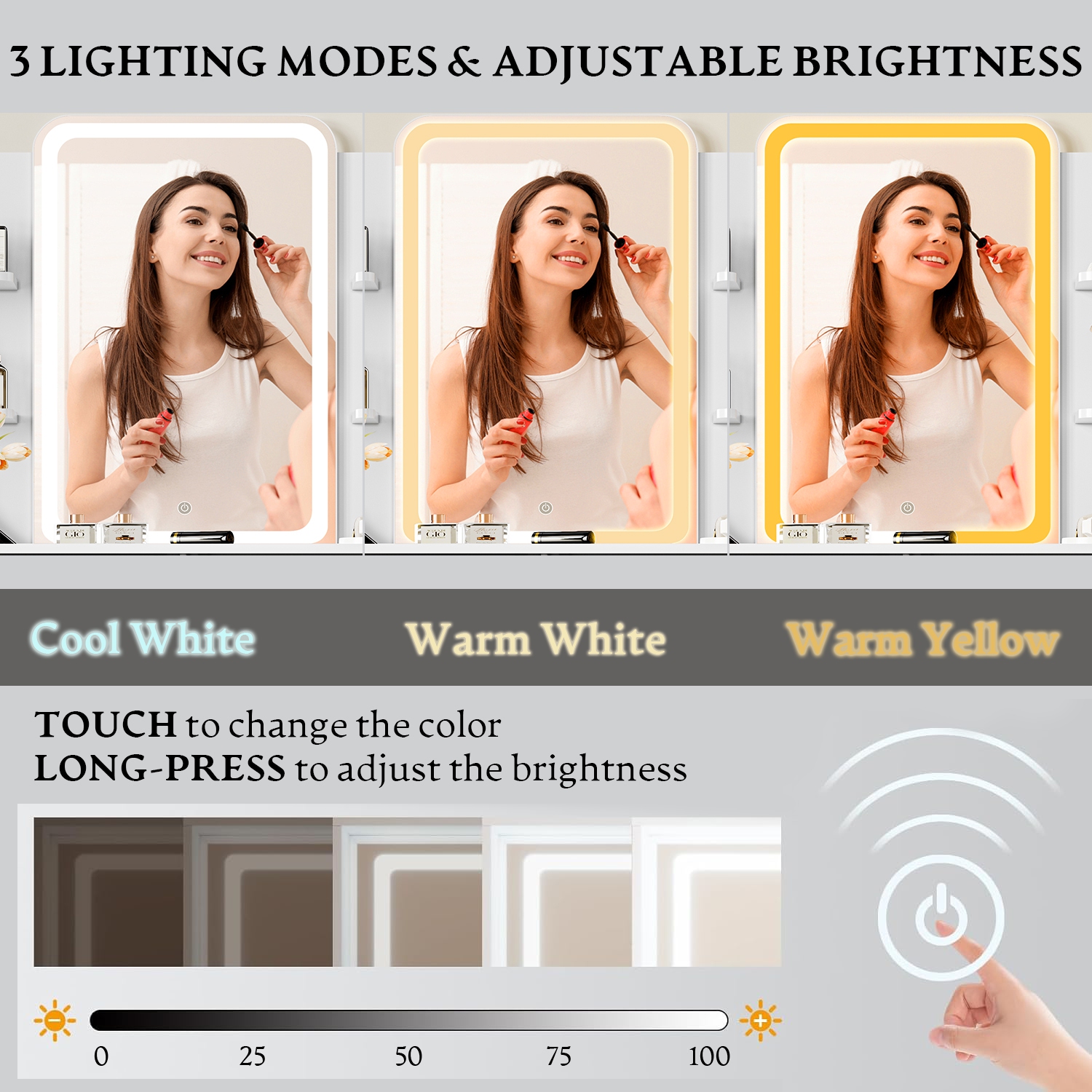 Coiffeuse avec miroir et prise électrique LED, petite coiffeuse à maquillage avec tiroirs de rangement et chaise, 3 modes d'éclairage et luminosité