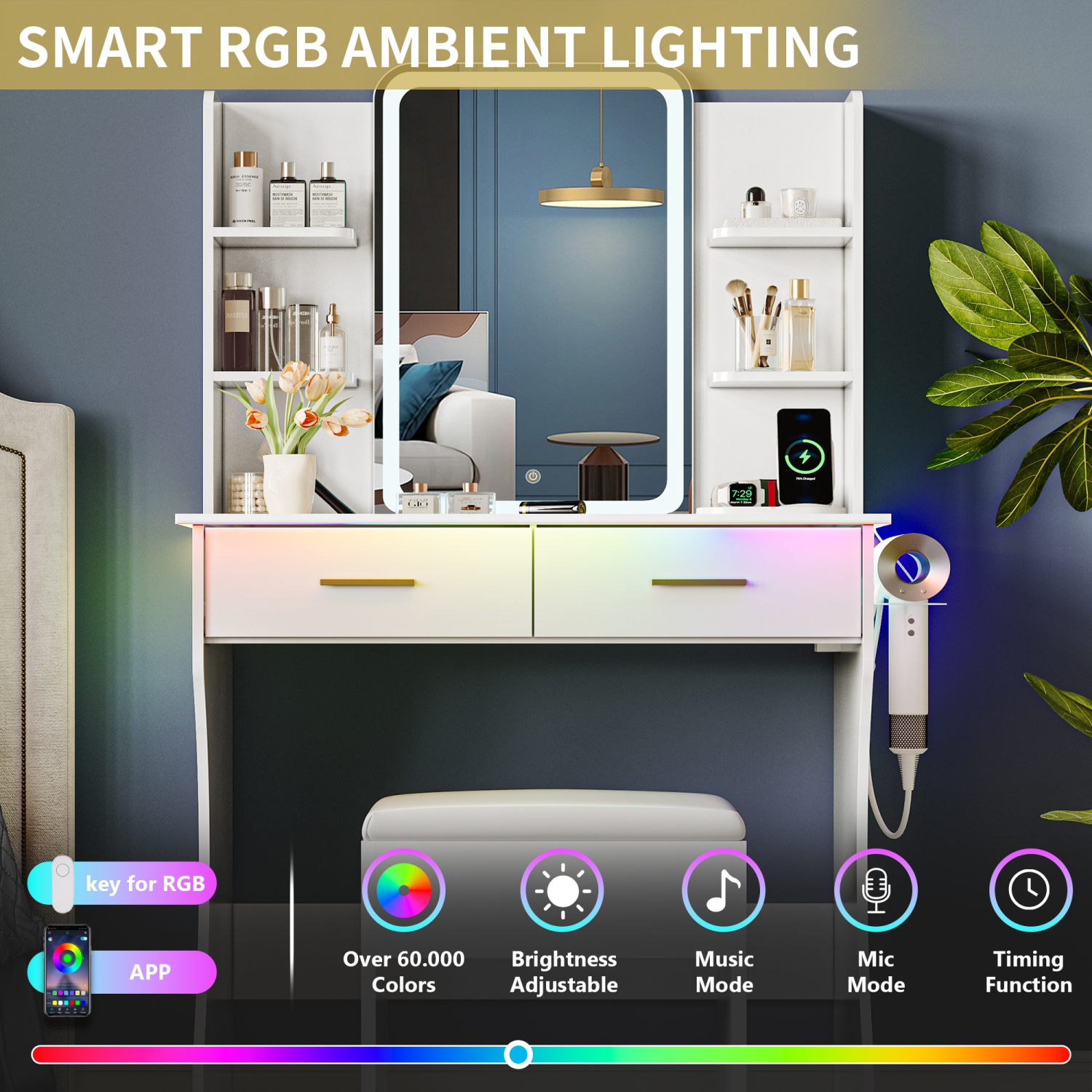 Coiffeuse avec miroir et prise électrique LED, petite coiffeuse à maquillage avec tiroirs de rangement et chaise, 3 modes d'éclairage et luminosité