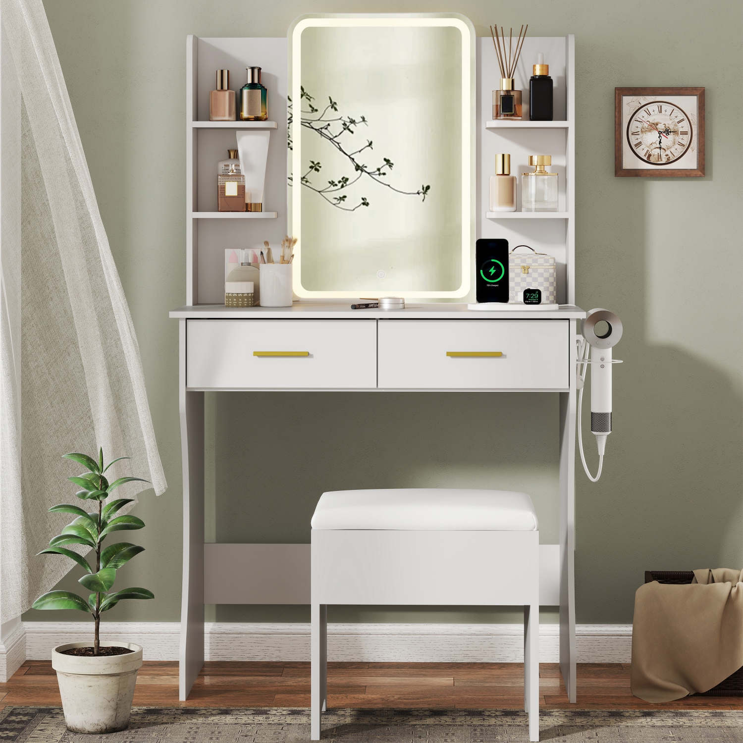 Coiffeuse avec miroir et prise électrique LED, petite coiffeuse à maquillage avec tiroirs de rangement et chaise, 3 modes d'éclairage et luminosité