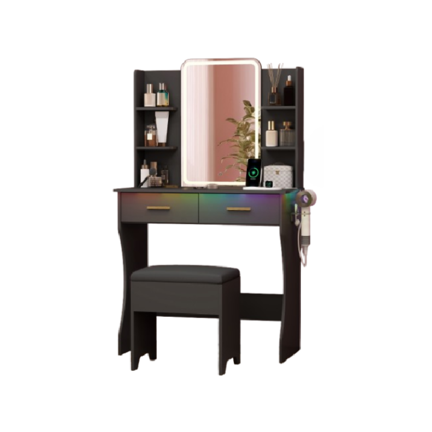 Coiffeuse avec miroir et prise électrique LED, petite coiffeuse à maquillage avec tiroirs de rangement et chaise, 3 modes d'éclairage et luminosité