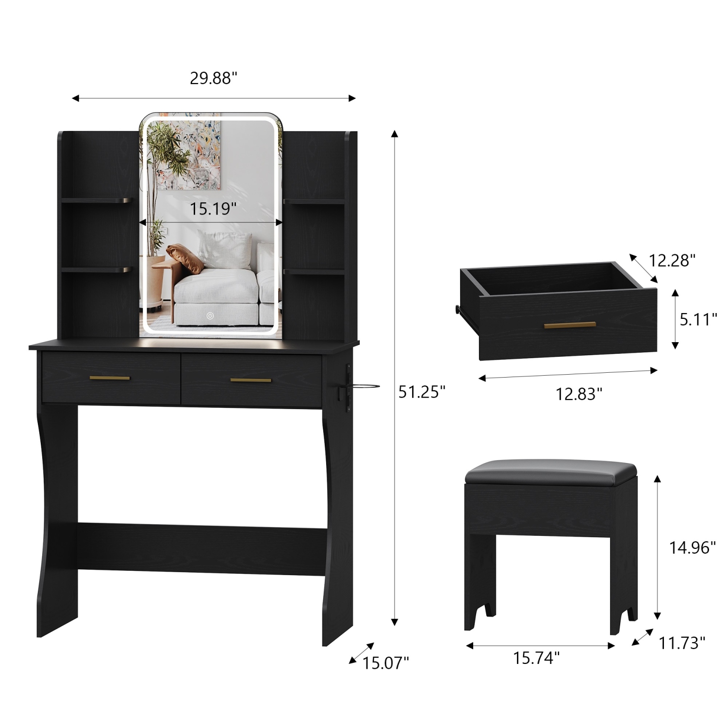 Coiffeuse avec miroir et prise électrique LED, petite coiffeuse à maquillage avec tiroirs de rangement et chaise, 3 modes d'éclairage et luminosité