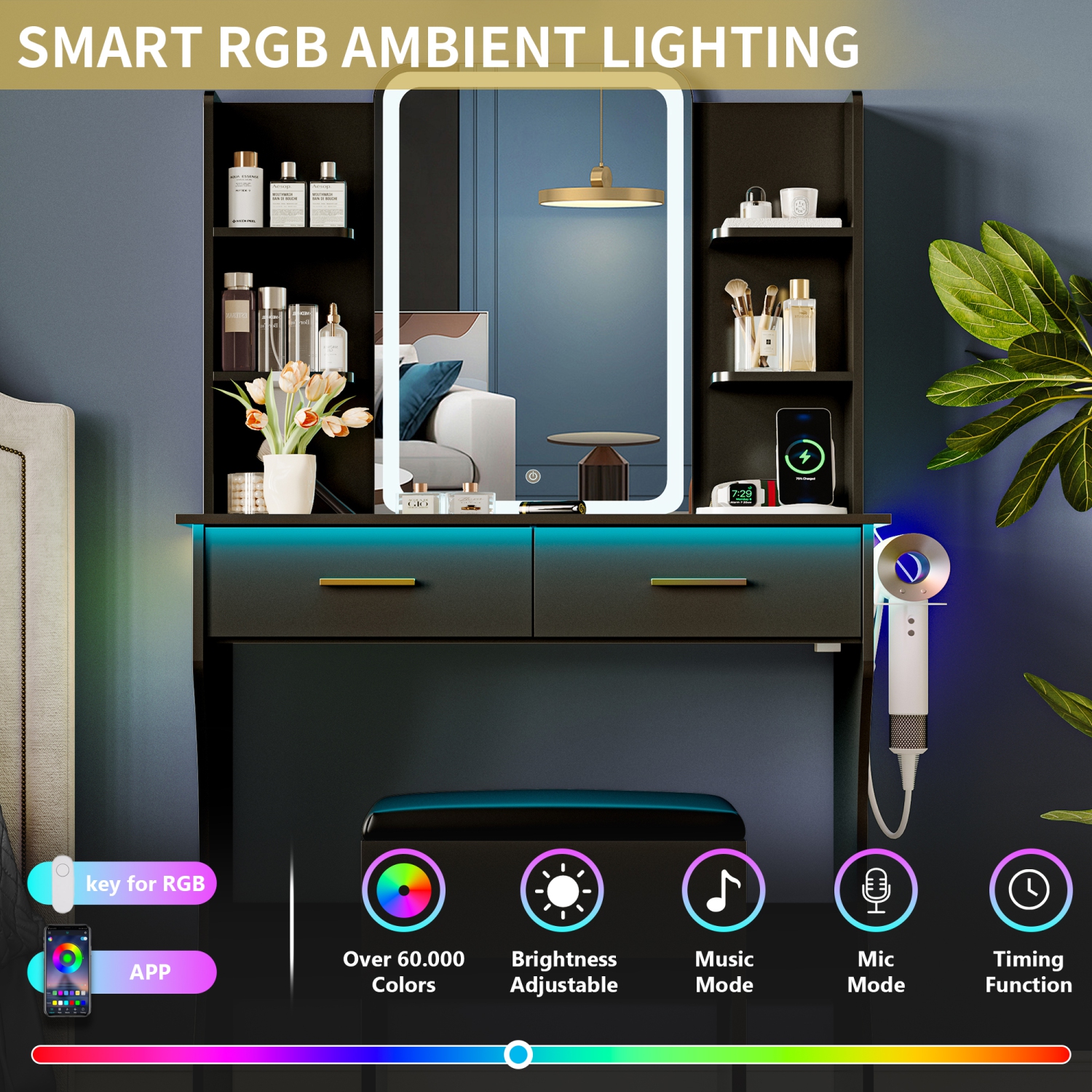 Coiffeuse avec miroir et prise électrique LED, petite coiffeuse à maquillage avec tiroirs de rangement et chaise, 3 modes d'éclairage et luminosité