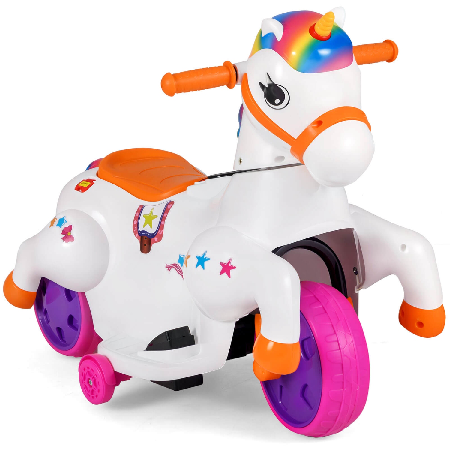 Costway 12V Kids Ride on Unicorn Toy with Training Wheels Music One-button Start Horse Toy Red/Blue/Pink