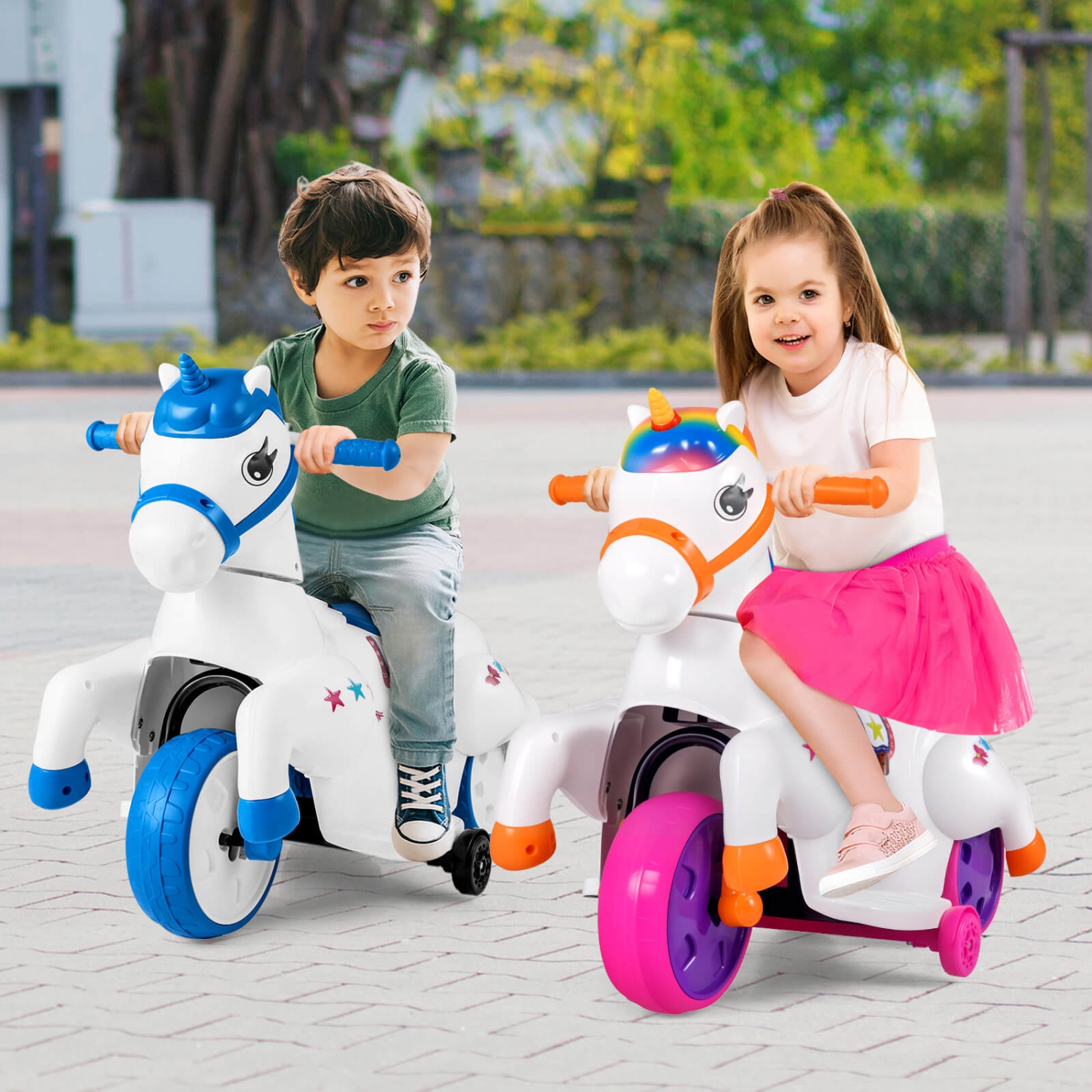Costway 12V Kids Ride on Unicorn Toy with Training Wheels Music One-button Start Horse Toy Red/Blue/Pink