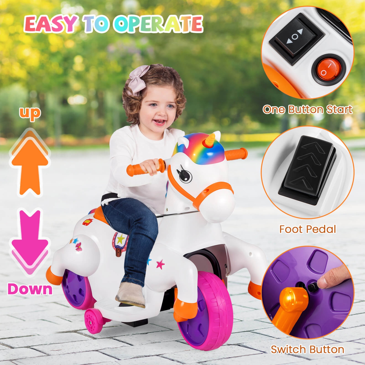 Costway 12V Kids Ride on Unicorn Toy with Training Wheels Music One-button Start Horse Toy Red/Blue/Pink