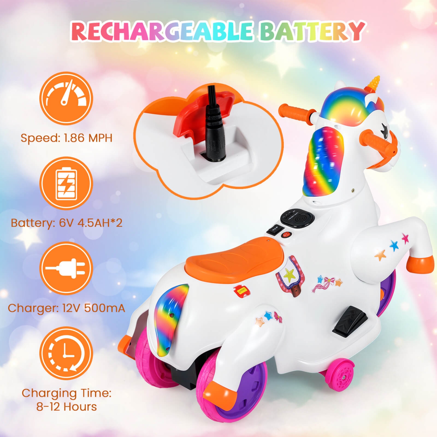 Costway 12V Kids Ride on Unicorn Toy with Training Wheels Music One-button Start Horse Toy Red/Blue/Pink