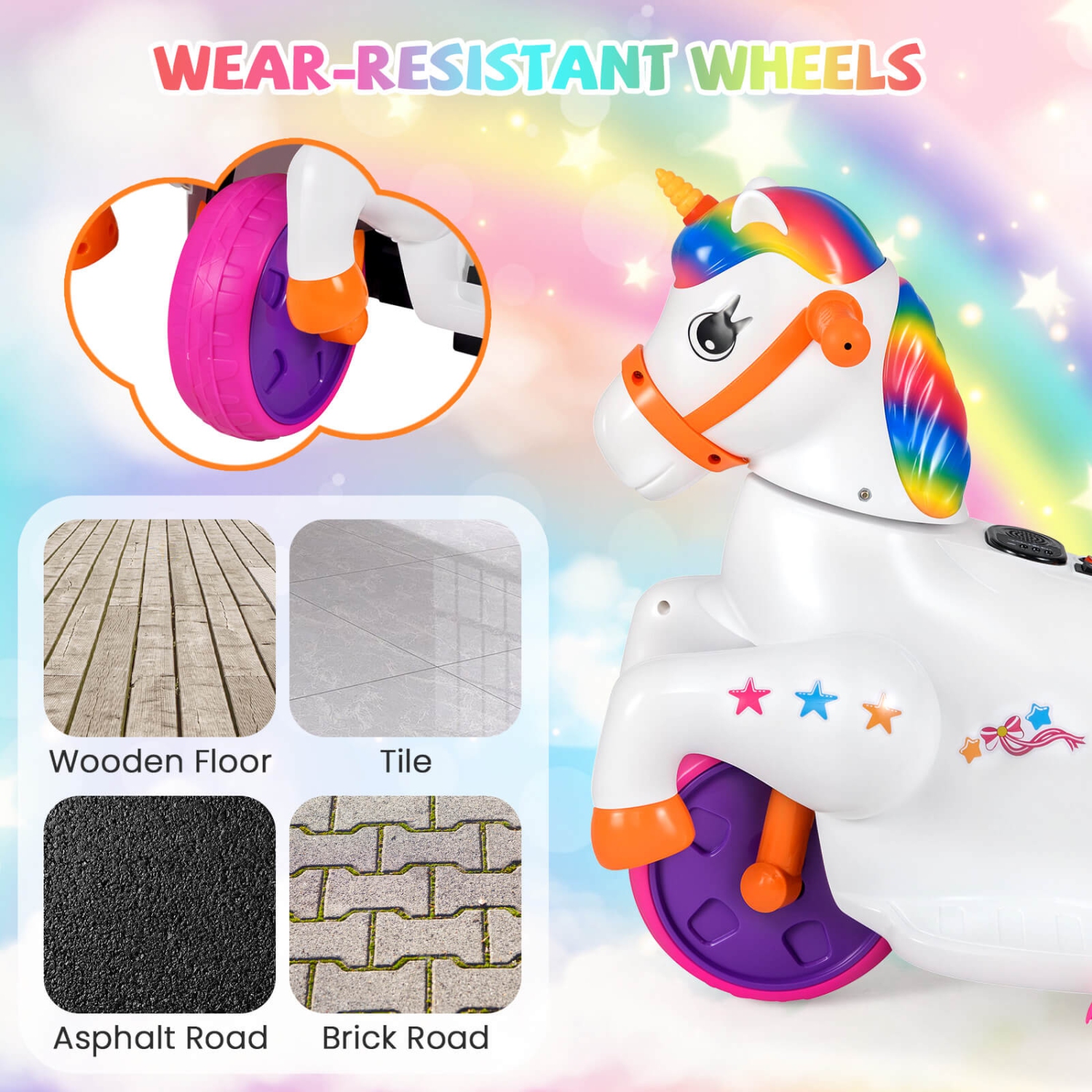 Costway 12V Kids Ride on Unicorn Toy with Training Wheels Music One-button Start Horse Toy Red/Blue/Pink