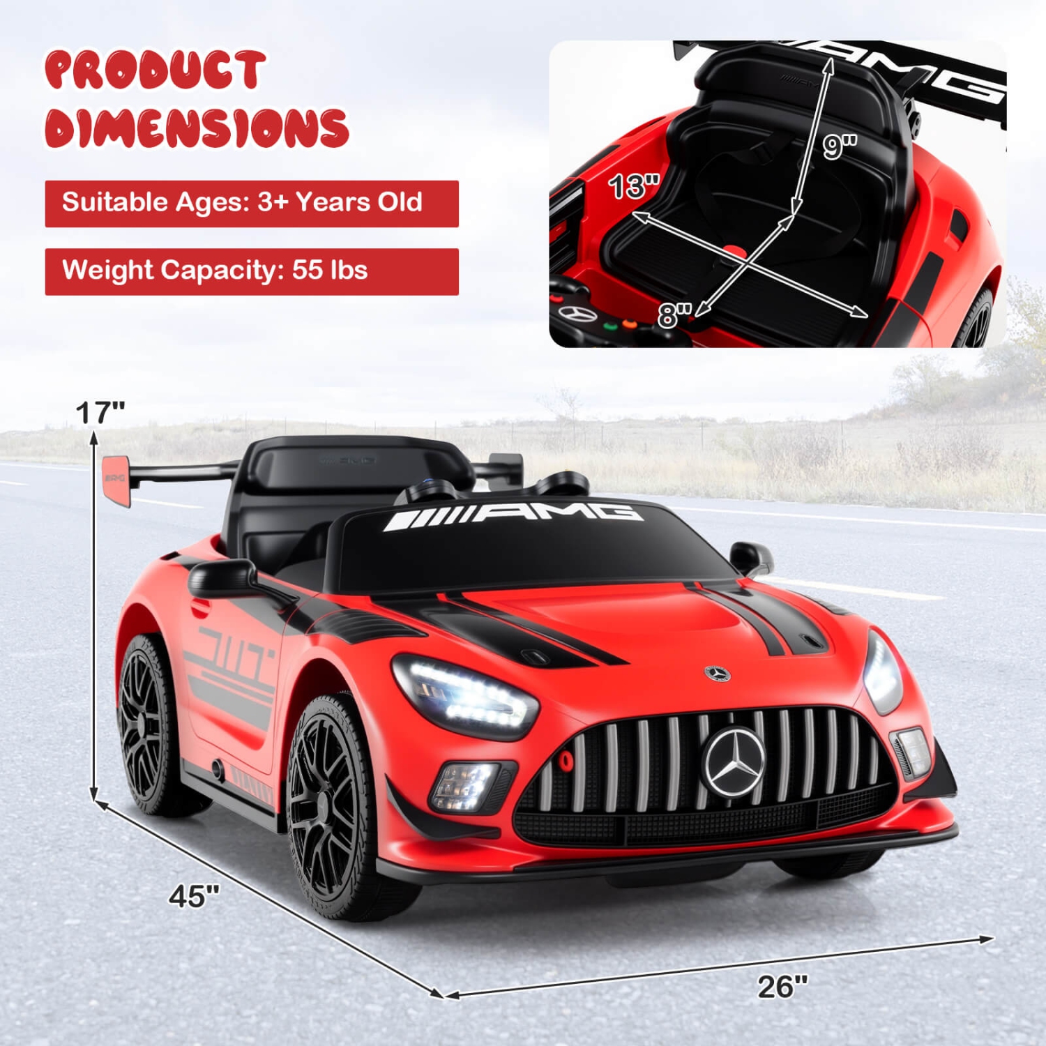Costway Ride on Car Licensed Mercedes-AMG GT3 Kids Car with Remote Control 3 Speeds Black/Red/White
