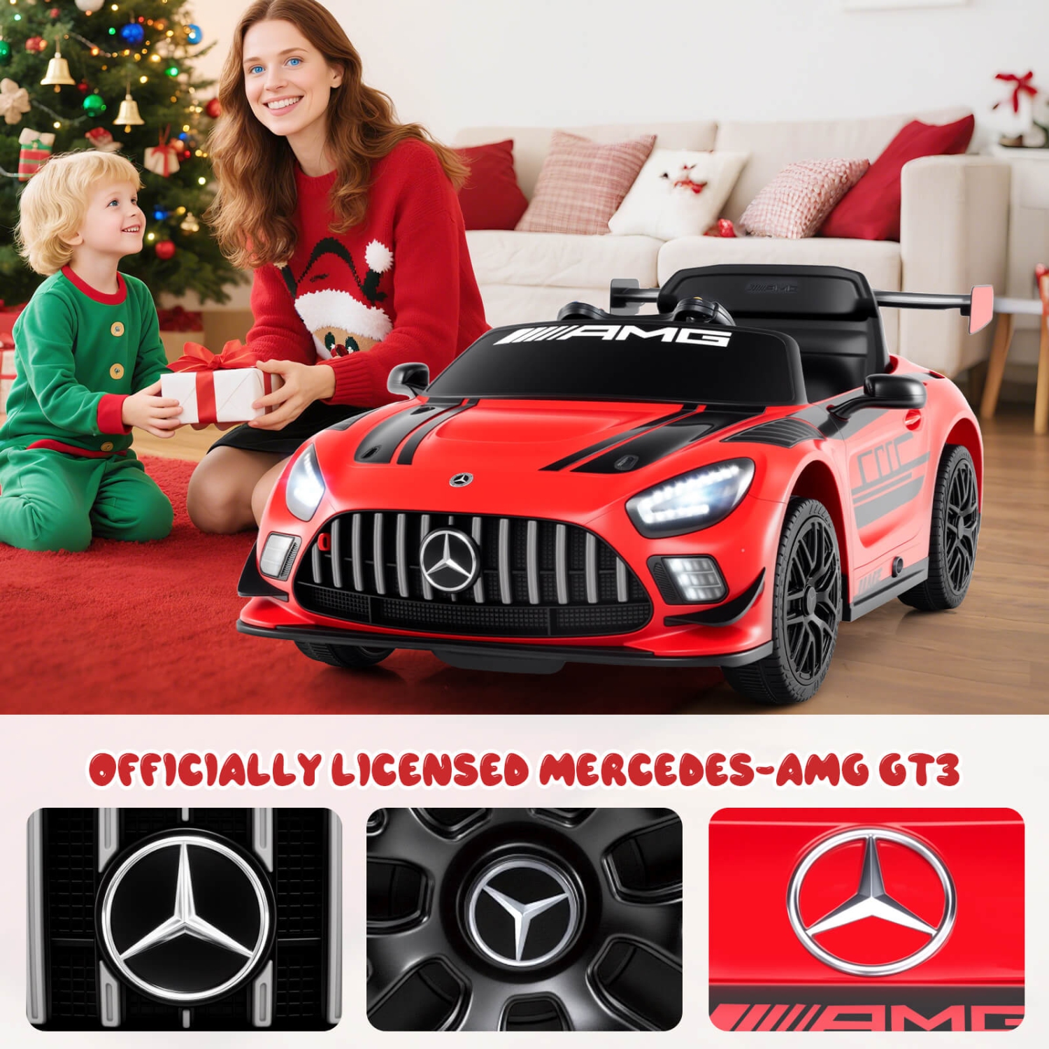 Costway Ride on Car Licensed Mercedes-AMG GT3 Kids Car with Remote Control 3 Speeds Black/Red/White